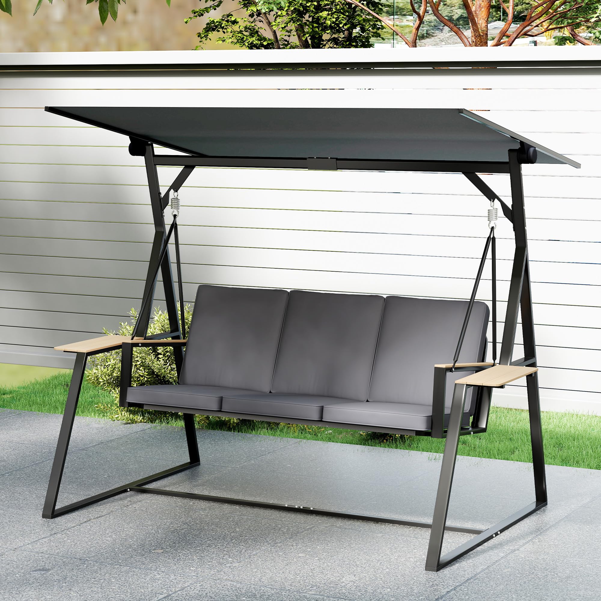 Outsunny 3-Sitzer Hollywoodschaukel mit Verstellbarem Dach 360 kg Grau | Gartenschaukel, Kissen, Getränkeablagen, Stahlrahmen, für Terrasse, Veranda