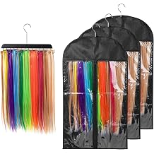 Extra-Wide Hair Extension Holder Set, 3 PCS, 17.7 x 31.5 in | 14 hooks with a clear dustproof bag for organized extension storage.