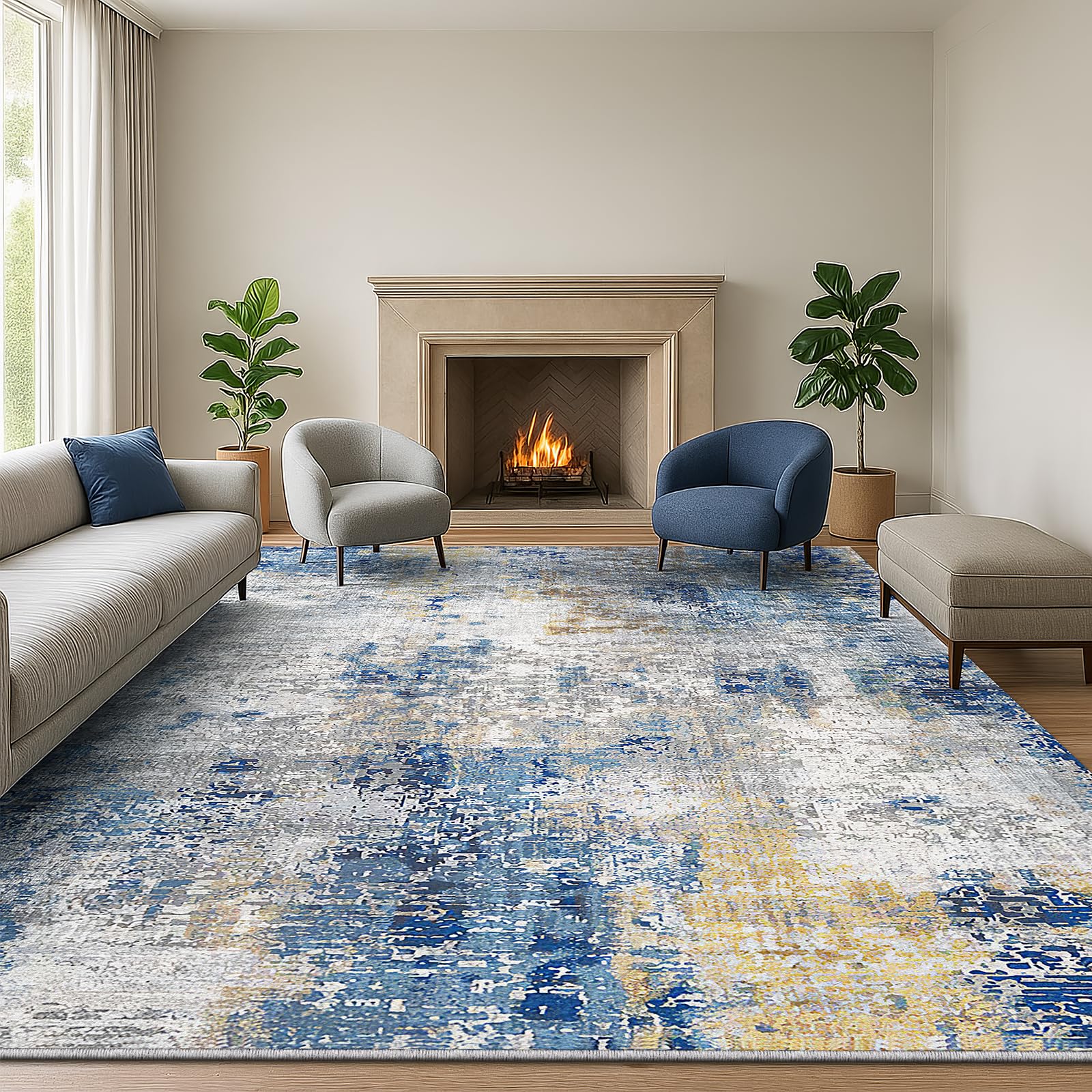 SOANNY Living Room Rug 200x290 cm Large Non-Slip Washable Low Pile Modern Abstract Area Carpet for Bedroom, Hallway, Kitchen, Laundry, Entryway, Utility, Beside Sofa, Office, Dusty Blue