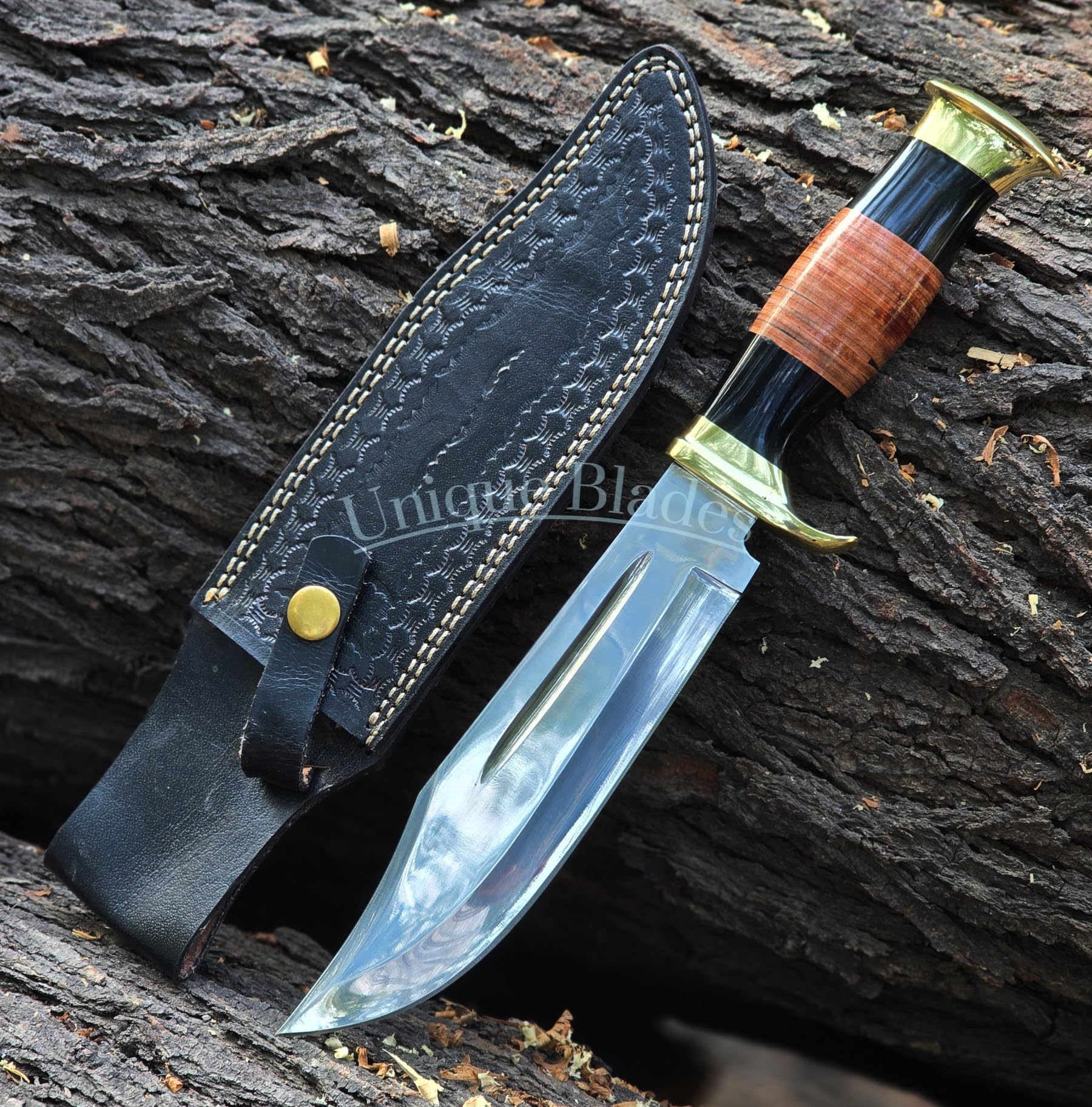 Messer 12 Zoll, 1095 Kohlenstoffstahl, hochpolierter Stahl, scharfe Klinge, Blood Groove, massiver Micarta-Griff, Lederscheide, Jagd, Camping, Outdoor (ET-Schwarz)