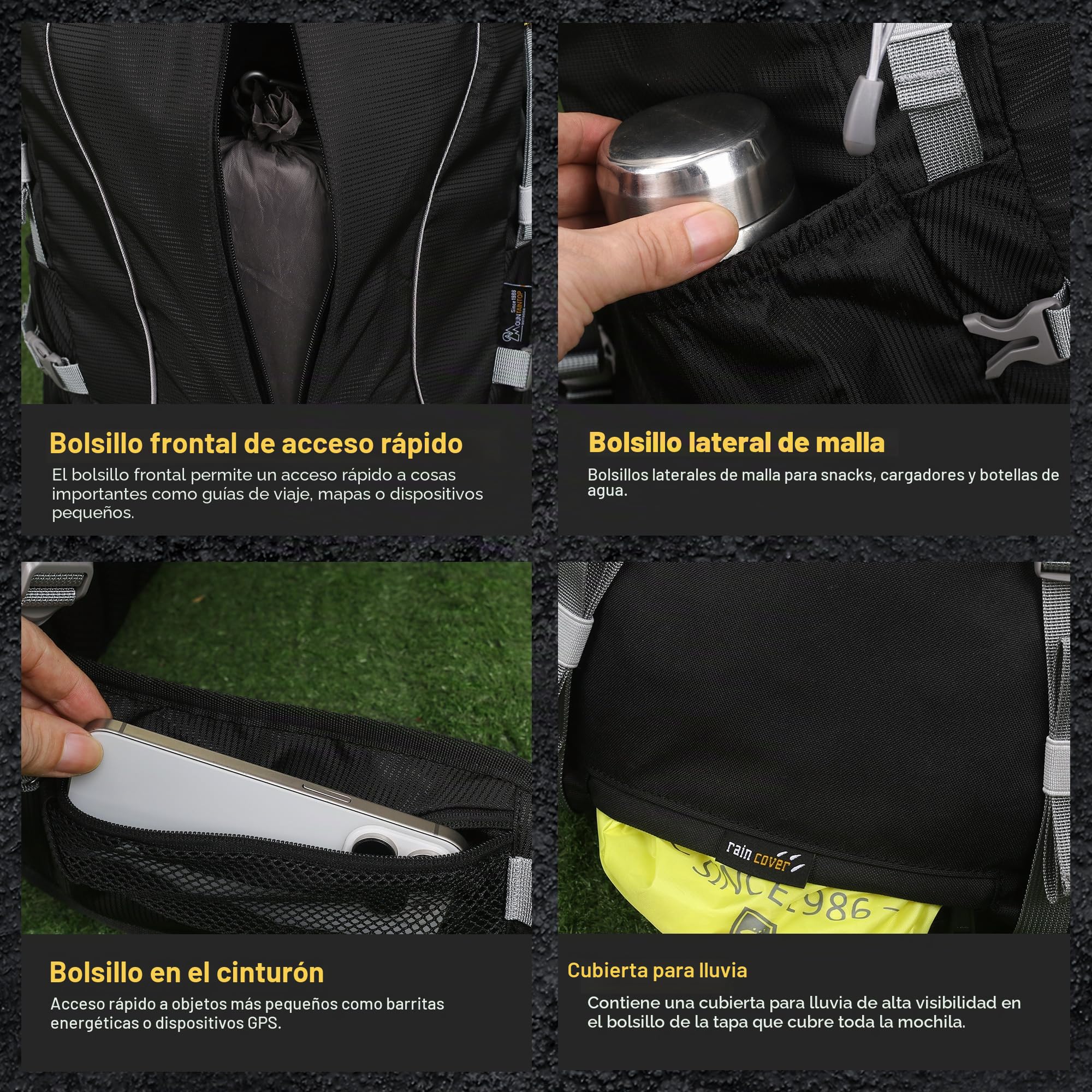 MOUNTAINTOP Mochila Trekking 50L Hombre Mujer Funda Lluvia | Ideal para senderismo montaña acampada y viajes de varios días, cremalleras YKK, soporte lumbar cinturón acolchado
