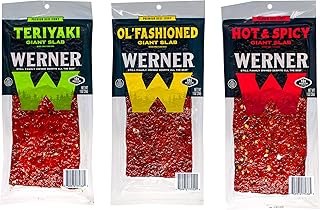 Werner Beef Jerky Slab Variety Pack of 15 – Teriyaki, Sea Salt and Pepper, & Hot and Spicy Jerky Slabs (5 of each) 1 Ounce, Individually Wrapped Meat Snacks