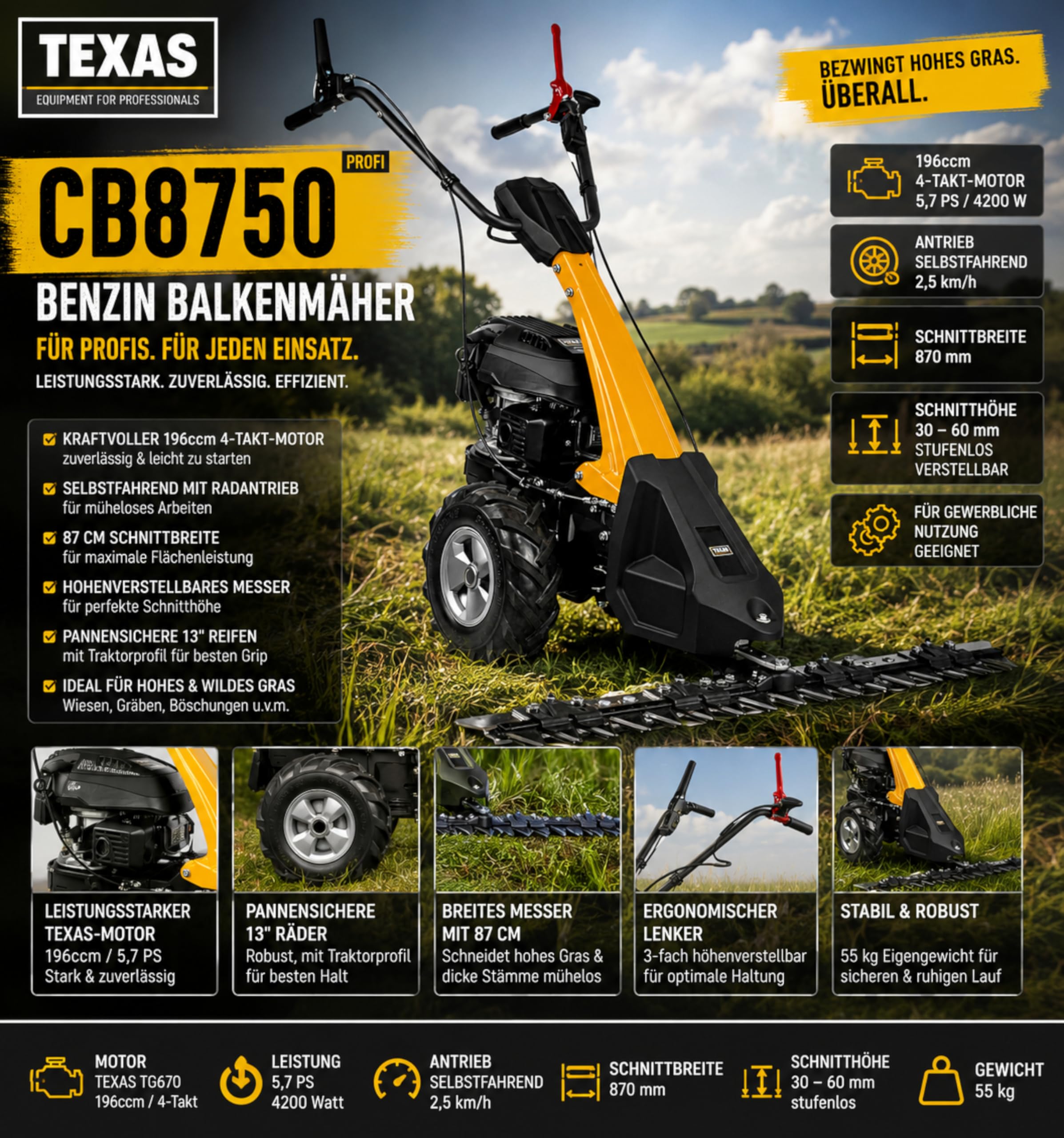 TEXAS Profi Benzin Balkenmäher CB8750 196ccm Wiesenmäher Hochgrasmäher Rasenmäher mit Antrieb Radantrieb | 5,7PS | 4200Watt | Schnittbreite 870mm | 4-Takt-Motor | für gewerbliche Nutzung geeignet