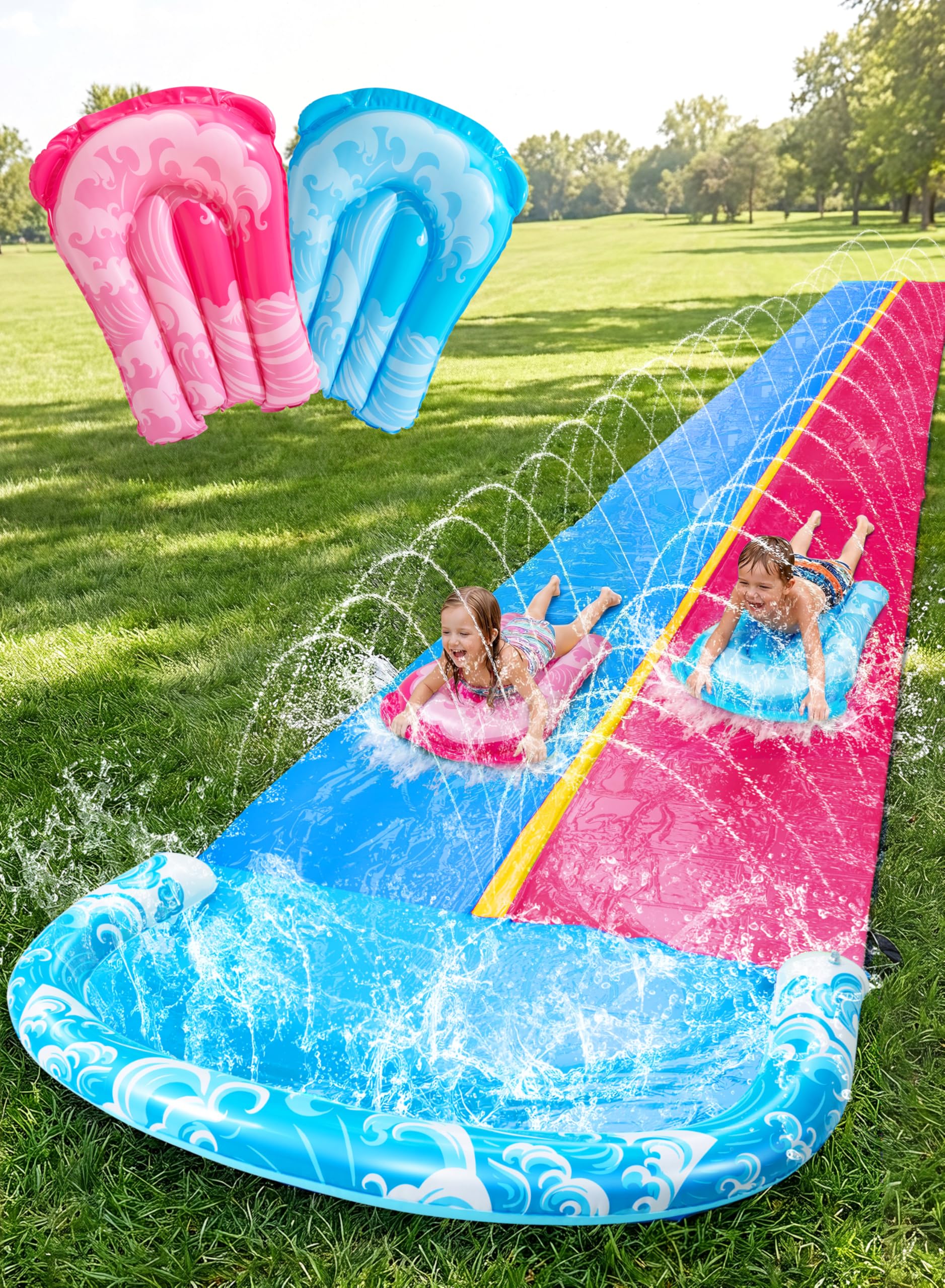 JOYIN 32.5FT Water Slide and 2 Inflatable Boards, Extra Long Heavy Duty Double Lawn Waterslide with Sprinkler for Kids Adults Backyard Summer Water Toy Outdoor Fun, Blue, Pink