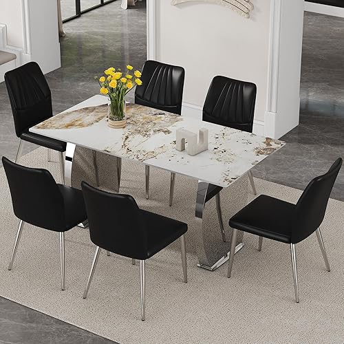 Miniatura 15 de Juego de mesa de comedor moderno para 6, 7 piezas de mármol sintético para cocina, mesa de comedor con mesas de comedor rectangulares y 6 sillas