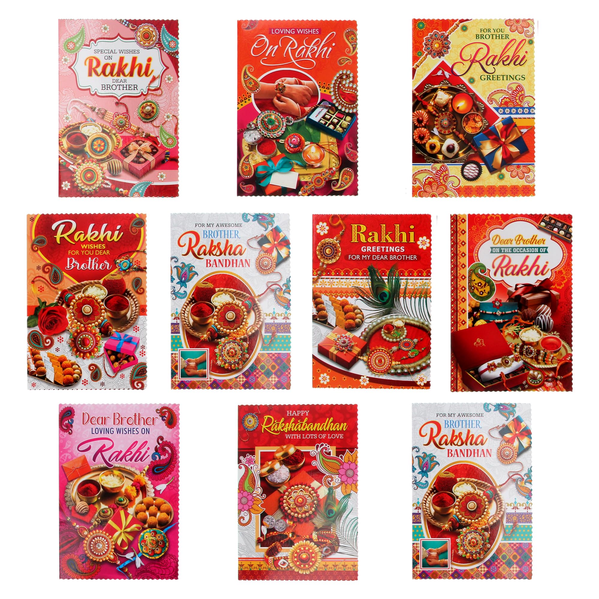 Pack of 10 Rakhi Cards with Envelopes Small Raksha Bandhan Greeting Cards Set Multipack Assorted Design for Brothers Hindu Indian Festival