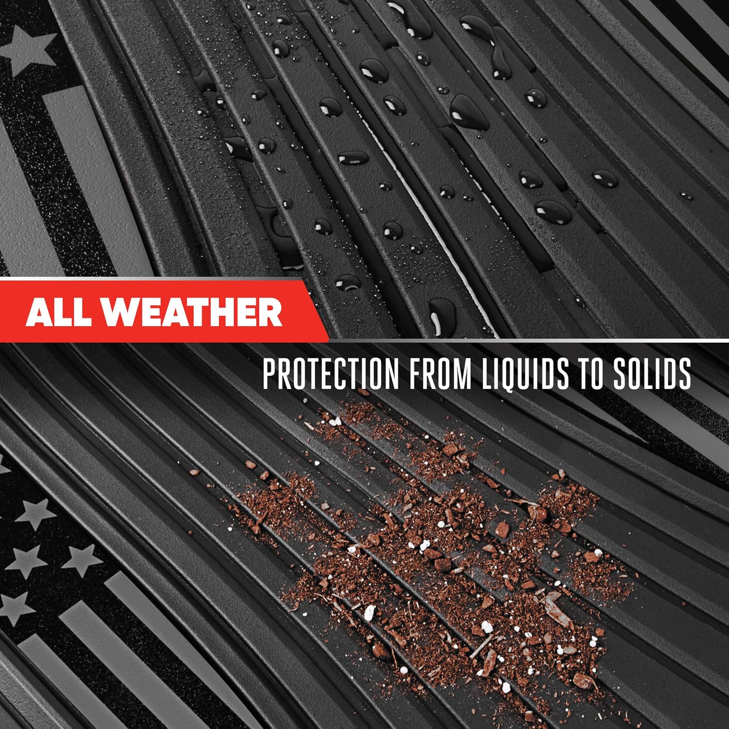 MotorTrend Black Flag Rubber Floor Mats – All Weather Car Mats with American Flag Stars & Stripes Design, Heavy-Duty Automotive Floor Mats for Cars, SUVs & Trucks Black/Grey