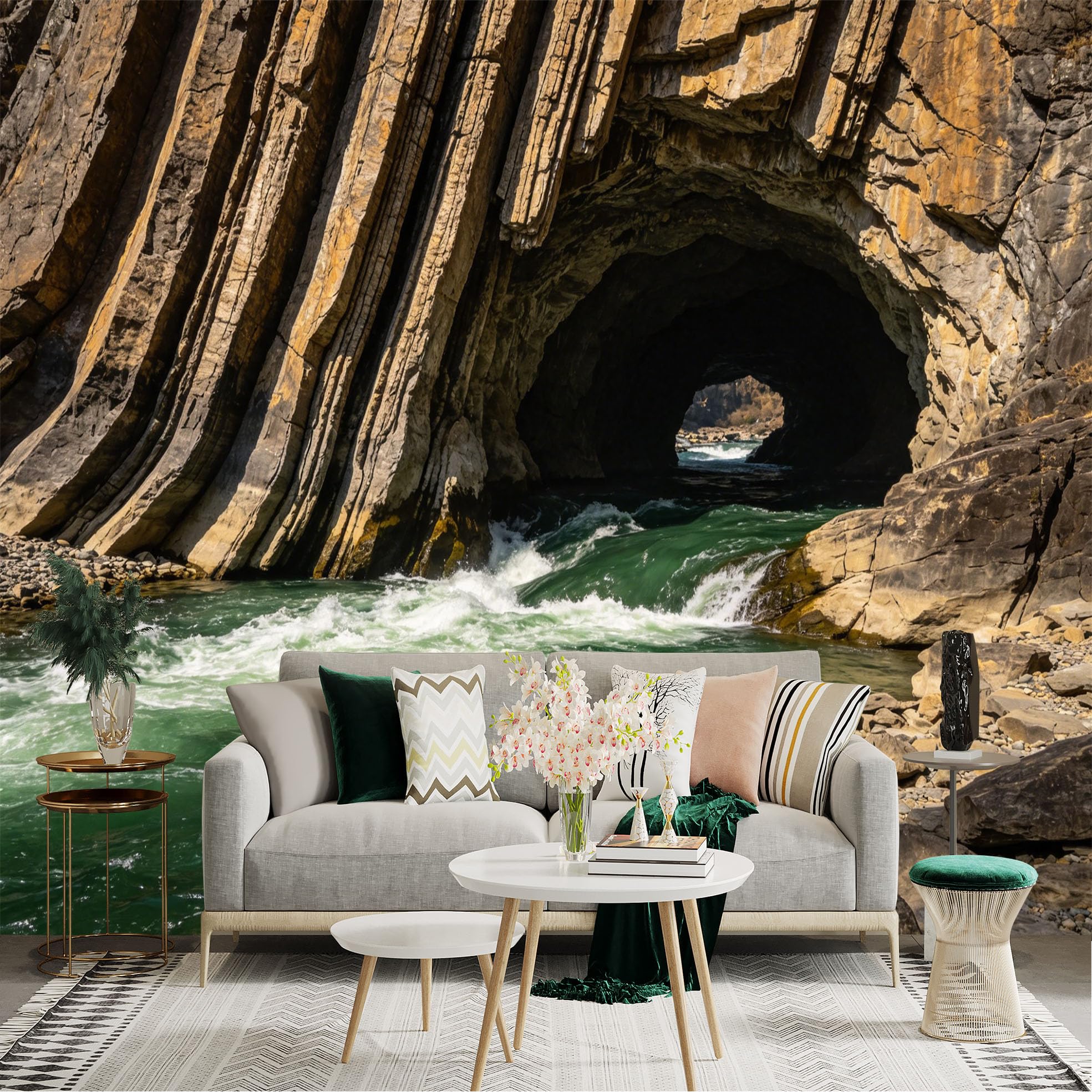Lnzczhyre Dbh260521791 Custom Size Wall Sticker Mural， Natural River Cave， Scenic Rocky Cliffs， Flowing Green Water， For Wall Decoration， Peelandstick Wall Decals.