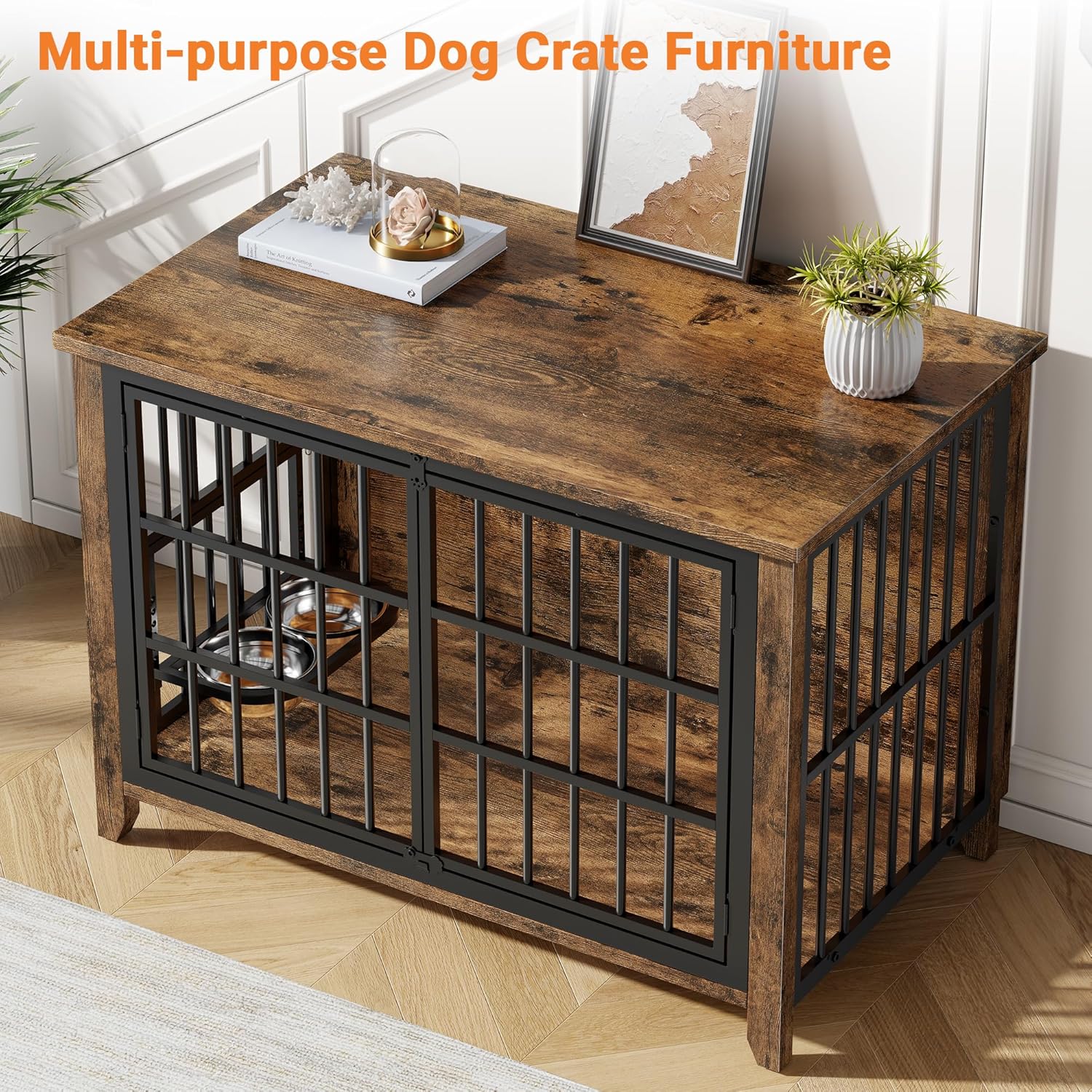 YaFiti 37.7" Dog Crate Furniture, Wooden Dog Kennel Indoor with 360° Rotating Feeder and 2 Adjustable Bowls, Decorative Side End Table Dog Cage for Medium Dogs, Rustic Brown