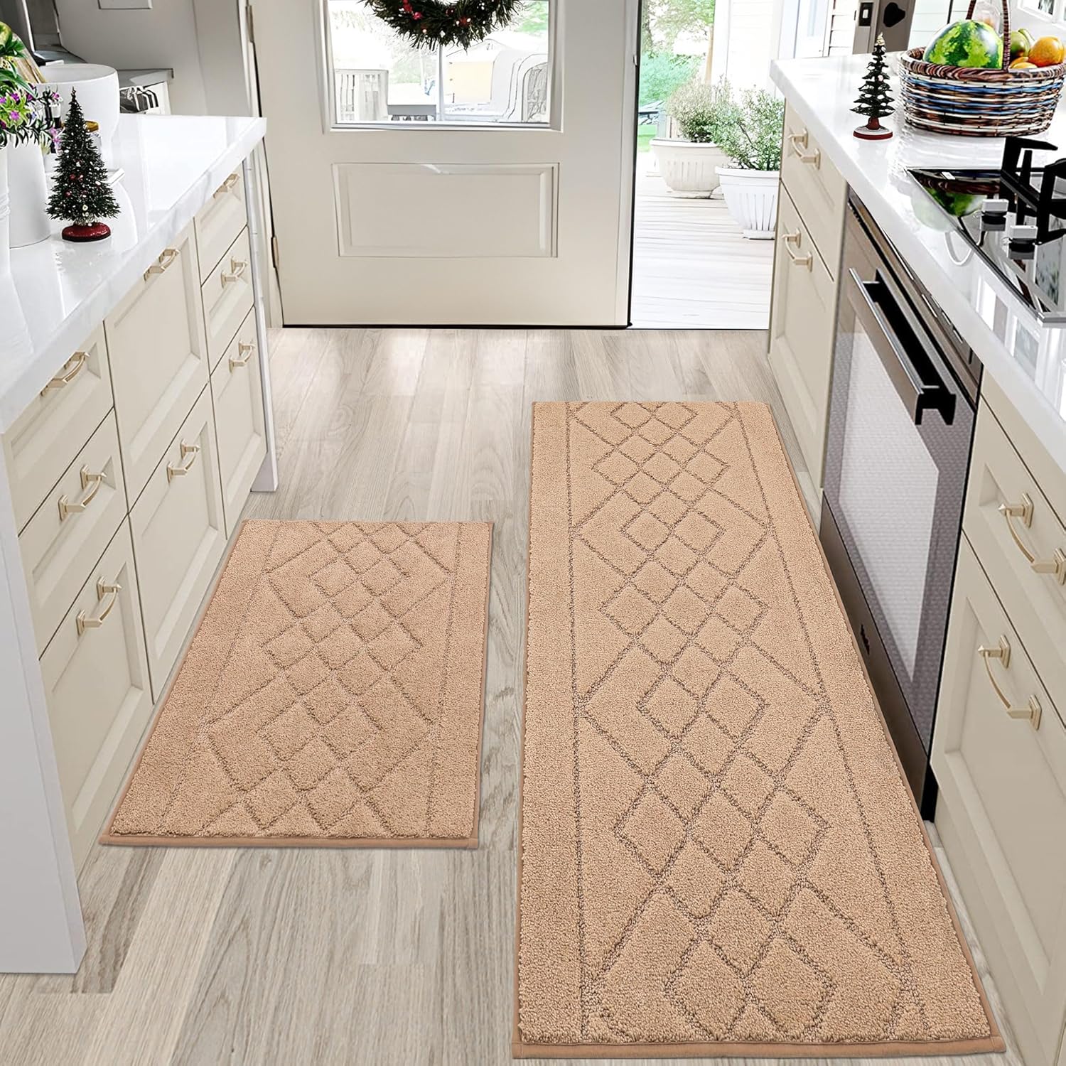 beqhause kitchen rugs sets of 2 non slip washable kitchen mats for floor absorbent soft kitchen runner rugs for floor,sink,hallway,laundry,20”x30”+20”x48”, beige 20”x30”+20”x48” beige/camel