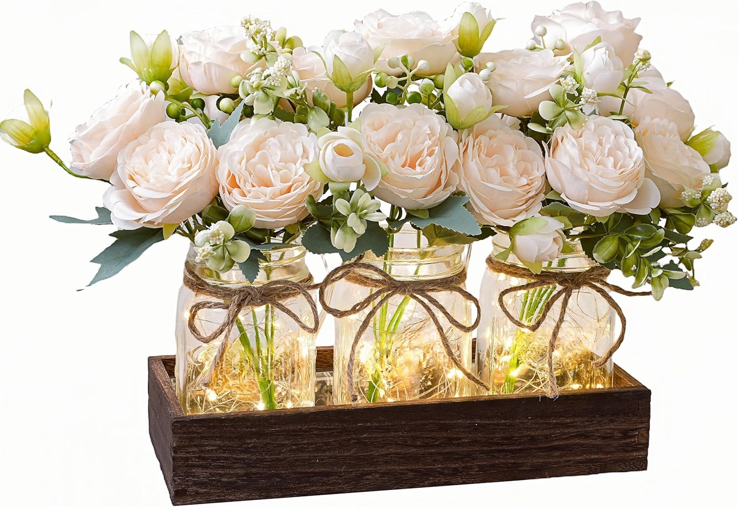 LUEUR Mason Jar Lights Centerpiece with Farmhouse Wood Tray – 3 Jars with Champagne Peony Spring Flowers, Rustic Spring & Wedding Decoration for Dining Table, Coffee Table, Kitchen & Living Room