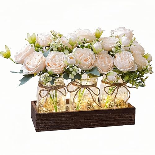 LUEUR Mason Jar Lights Centerpiece with Farmhouse Wood Tray –