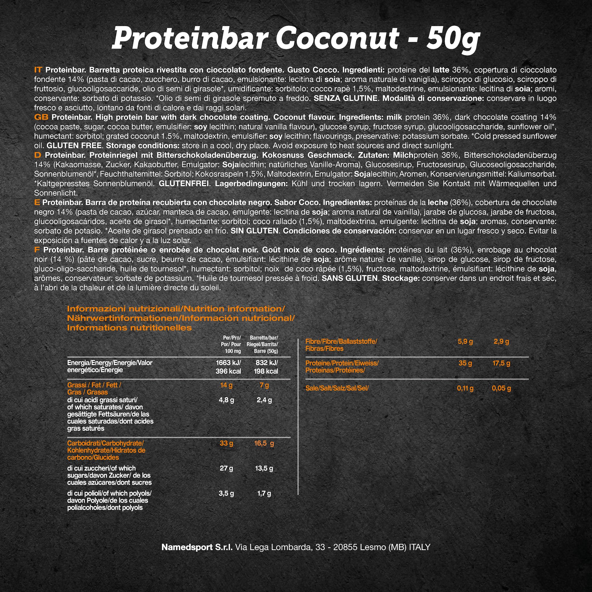 NAMEDSPORT Proteinbar Barretta Energetica con 35% di Proteine | Ideale come Spuntino o Post Workout | Senza Glutine e Olio di Palma | Brand of Italy | Box da 12x50 g Gusto Cocco