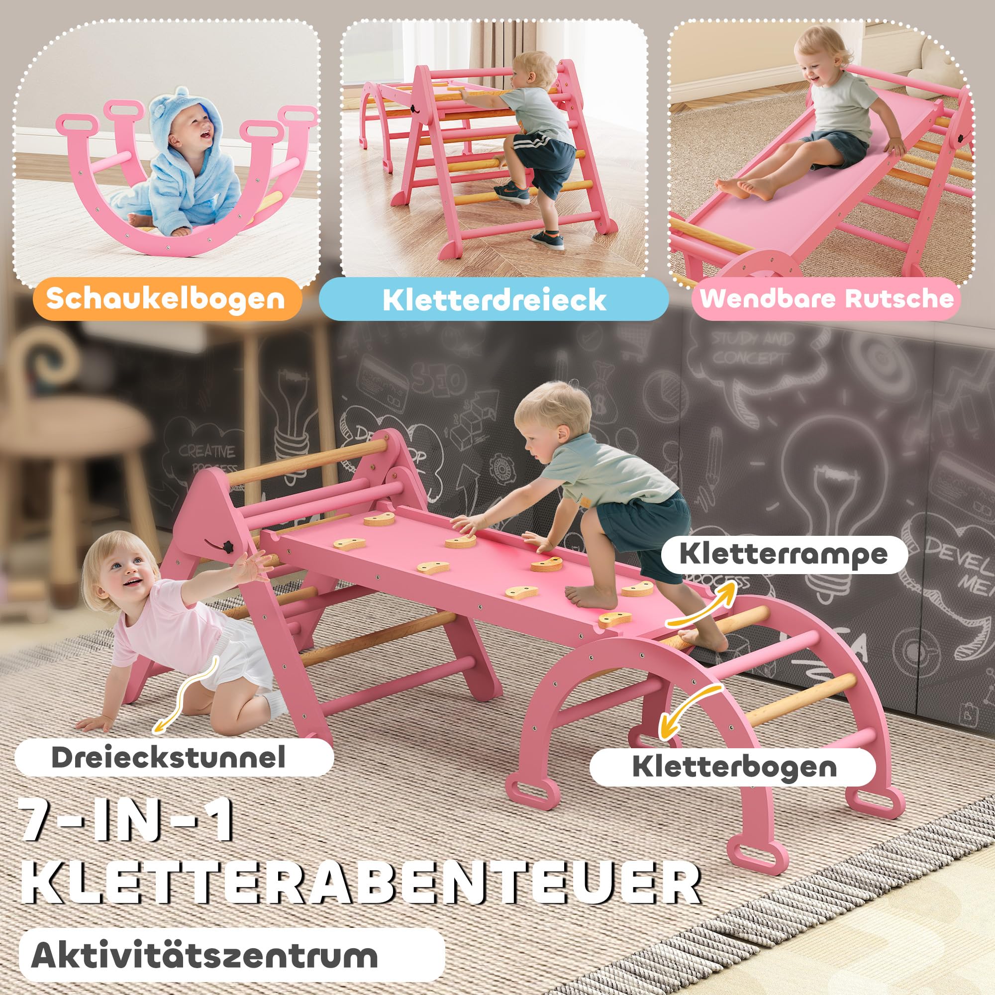 AIYAPLAY 7-in-1 Montessori Klettergerüst Indoor, faltbar Holz Kletterdreieck mit Rutsche, Bogen, Indoor Spielplatz für Kinder von 1,5-4 Jahre, Rosa