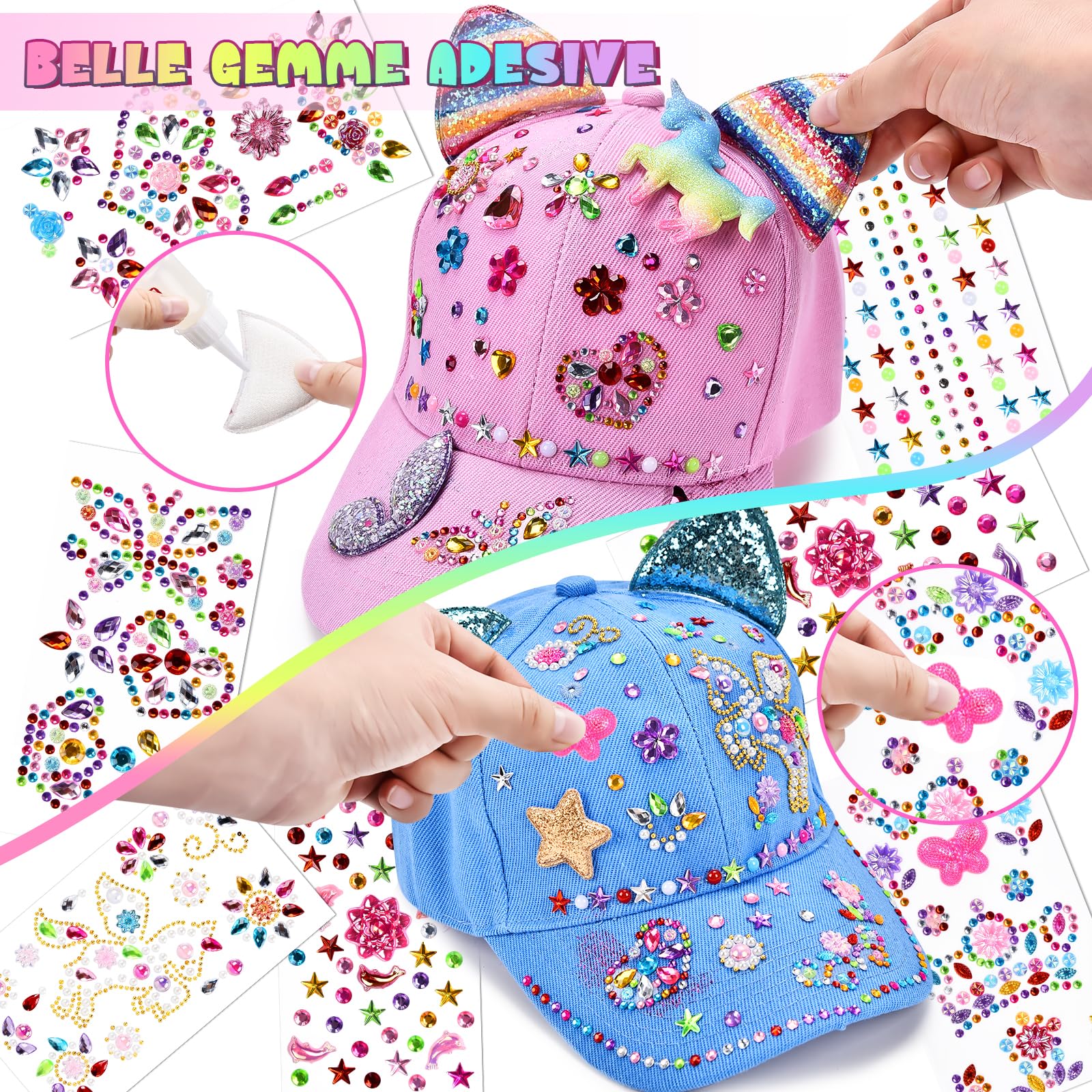 Aragallant Regalo Bambina 5 6 7 8 9 10 Anni, 4 PCS Kit Fai Da Te Cappellino da Baseball con Gemma Stickers e Braccialetti, DIY Berretto Baseball Idee Regali Ragazze Natale Compleanno di Nuovo a Scuola