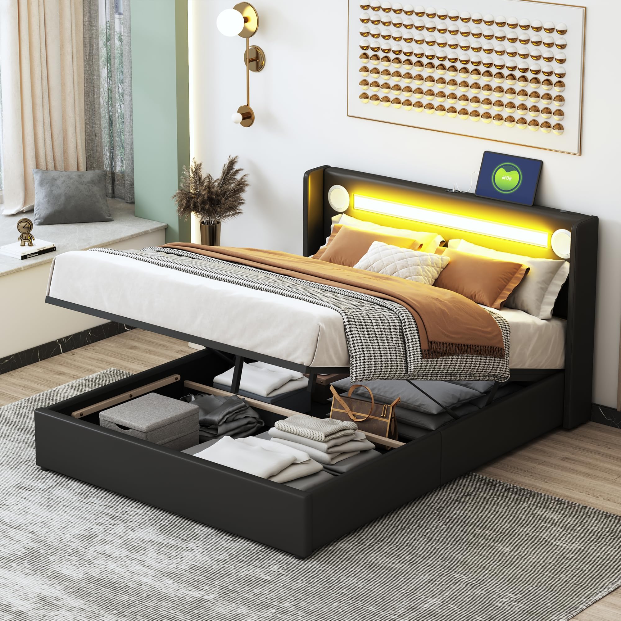 Merax Cama tapizada de 140 x 200 cm con tiras de luz LED, espacio de almacenamiento cama con reproductor Bluetooth y carga USB, para jóvenes y adultos, piel sintética negra (sin colchón)