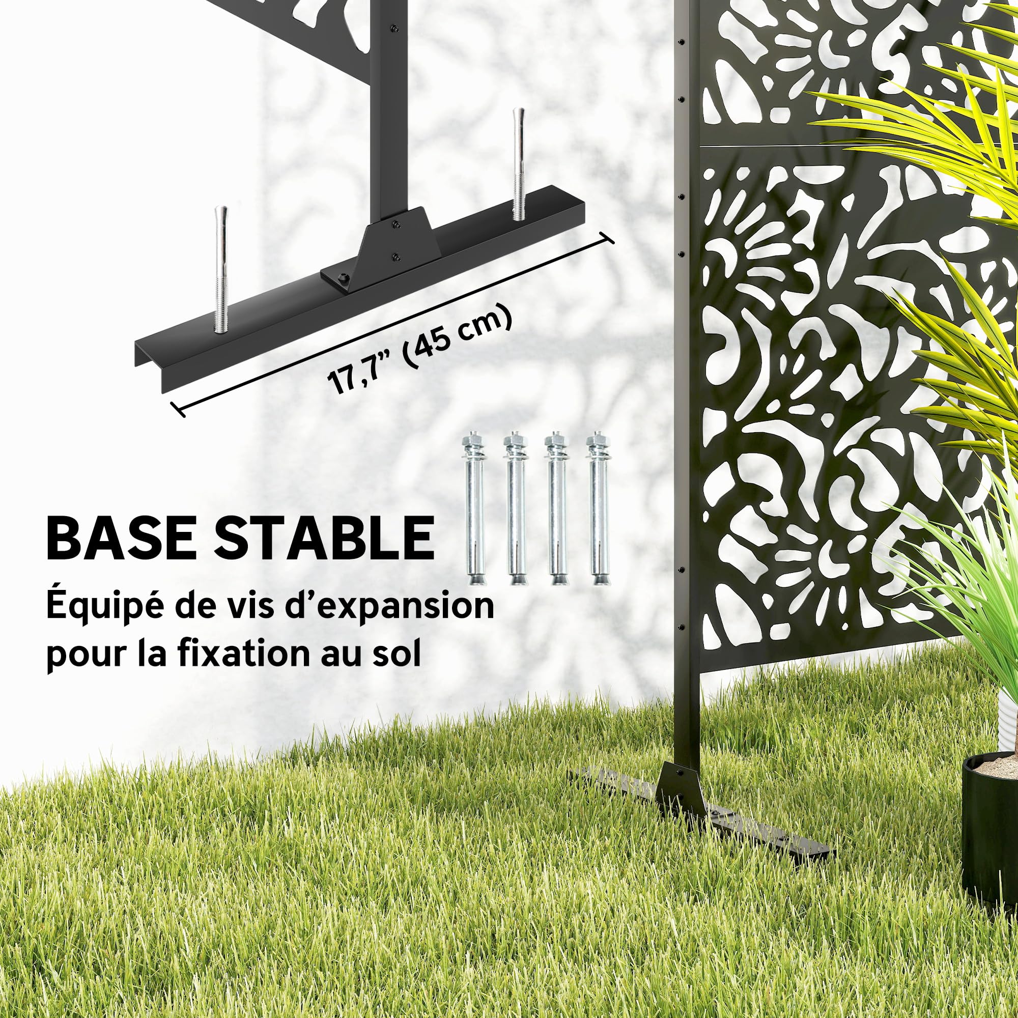 Outsunny Panneau Brise Vue décoratif Extérieur 122 x 45 x 198 cm Noir | Claustra Décoratif Jardin, 3 Panneaux à Motif Floral, Paravent Extérieur, Support en Acier Galvanisé