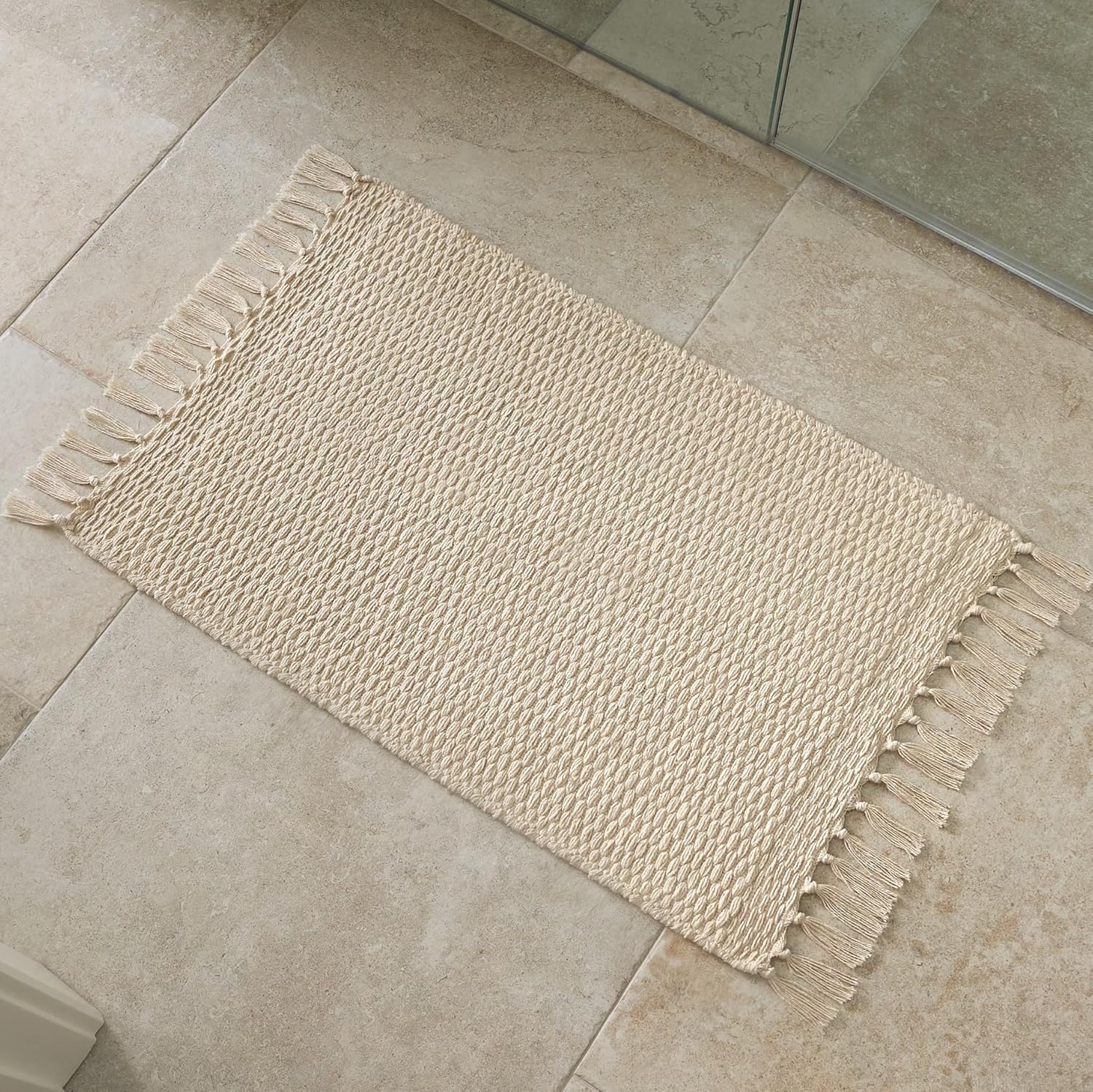 KIBAGA Beautiful Boho Bathroom Rug with Tassels – Soft 20 x 30 inch Beige Cotton Mat Fits Perfectly Into Your Bath – Washable, Non-Slip Rug Ideal to Enhance Your Modern Home Decor KIBAGA Beautiful Boho Bathroom Rug with Tassels – Soft 20 x 30 inch Beige Cotton Mat Fits Perfectly Into Your Bath – Washable, Non-Slip Rug Ideal to Enhance Your Modern Home Decor