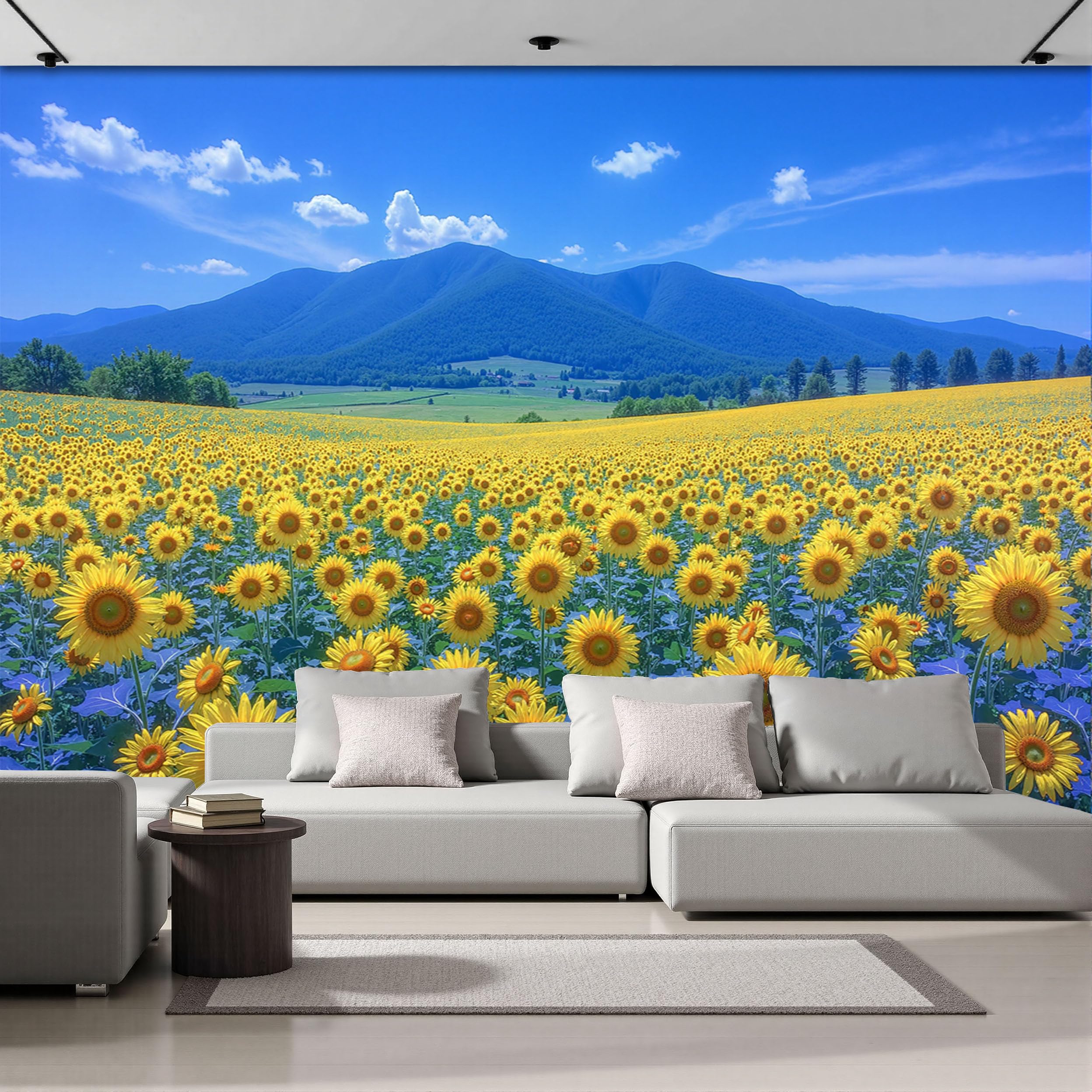 Papier peint panoramique tournesols 350x256cm fresque paysage bleu
