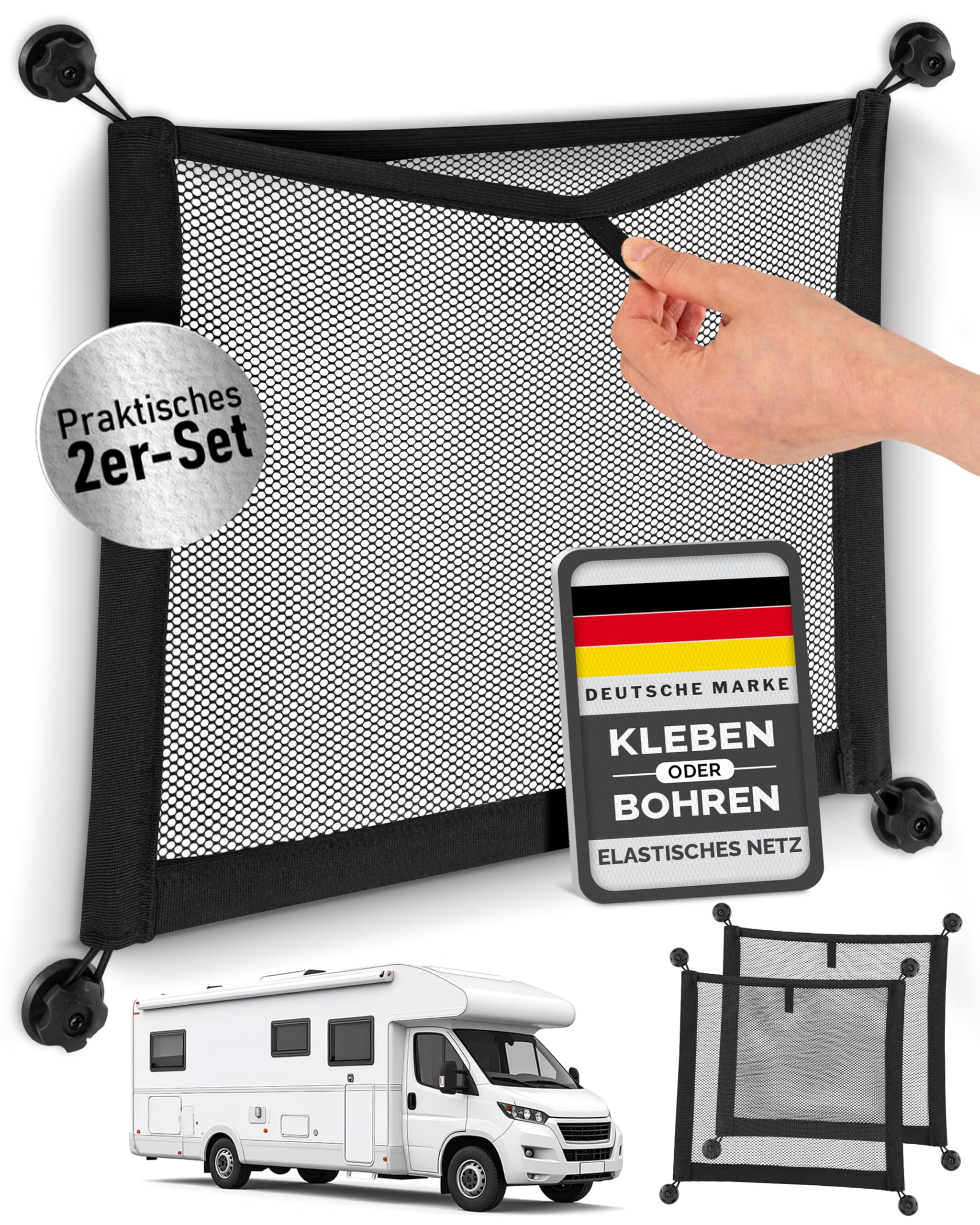 Set Di 2 Reti Portaoggetti Per Camper E Auto - 26x12 Cm, Con Viti E Nastro Adesivo, Nero