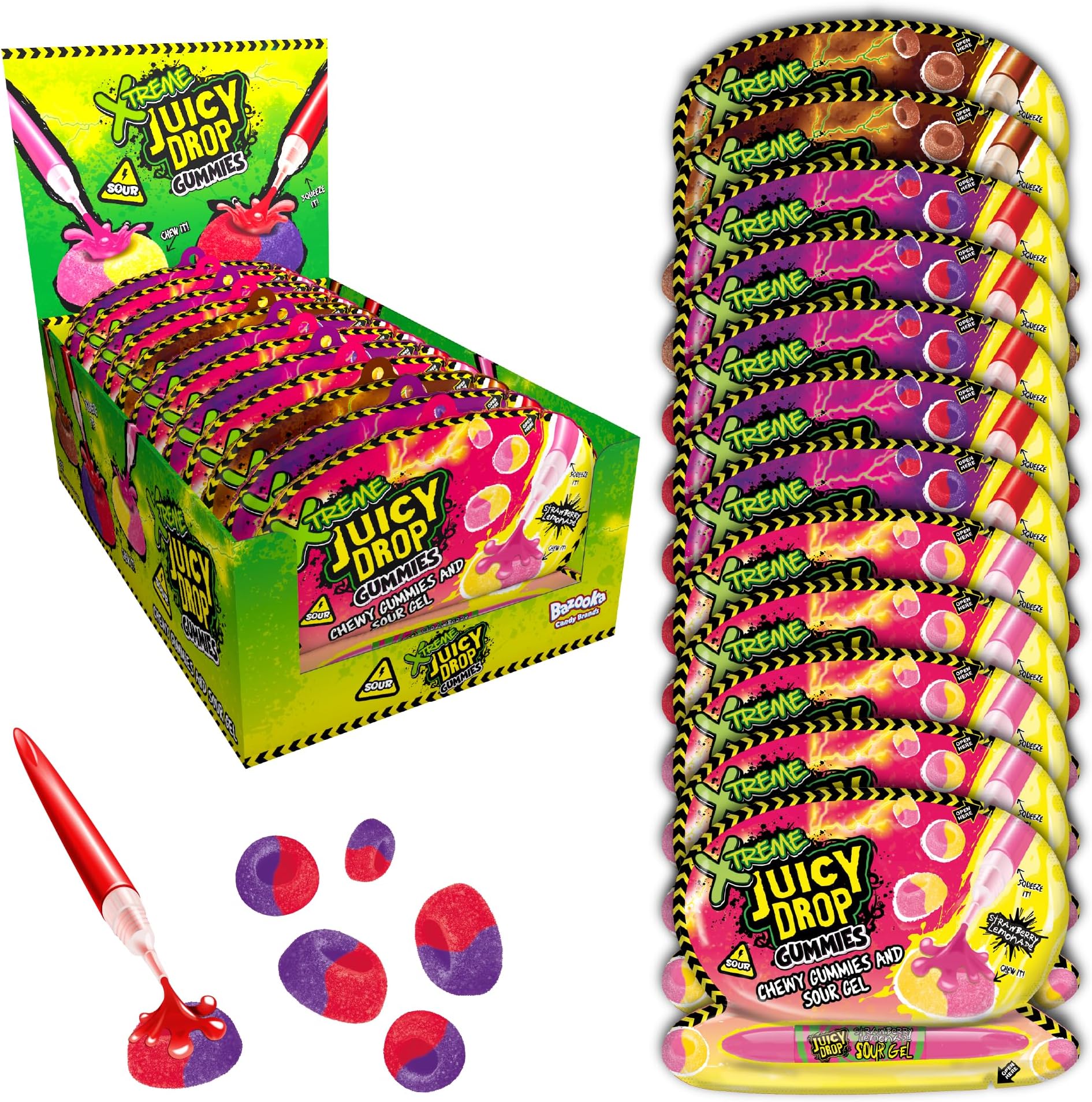 Juicy Drop Gummies Xtreme (12 x 57g Bulk Sweets) Sweet and Sour Kids Sweets for Party Bags, Cola, Strawberry Lemonade and Cherry Berry - Gluten Free Sweet and Sour Candy