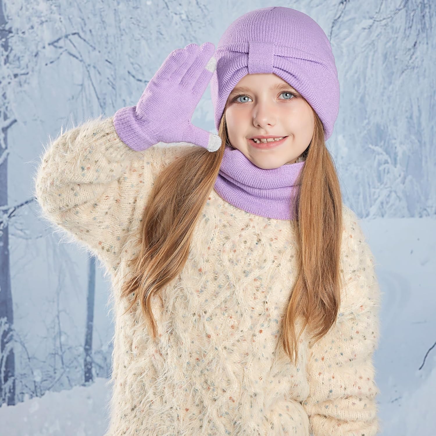 キッズ 冬 ボウ ビーニー 帽子 スカーフ タッチスクリーン グローブ セット 男の子 女の子 3-8歳