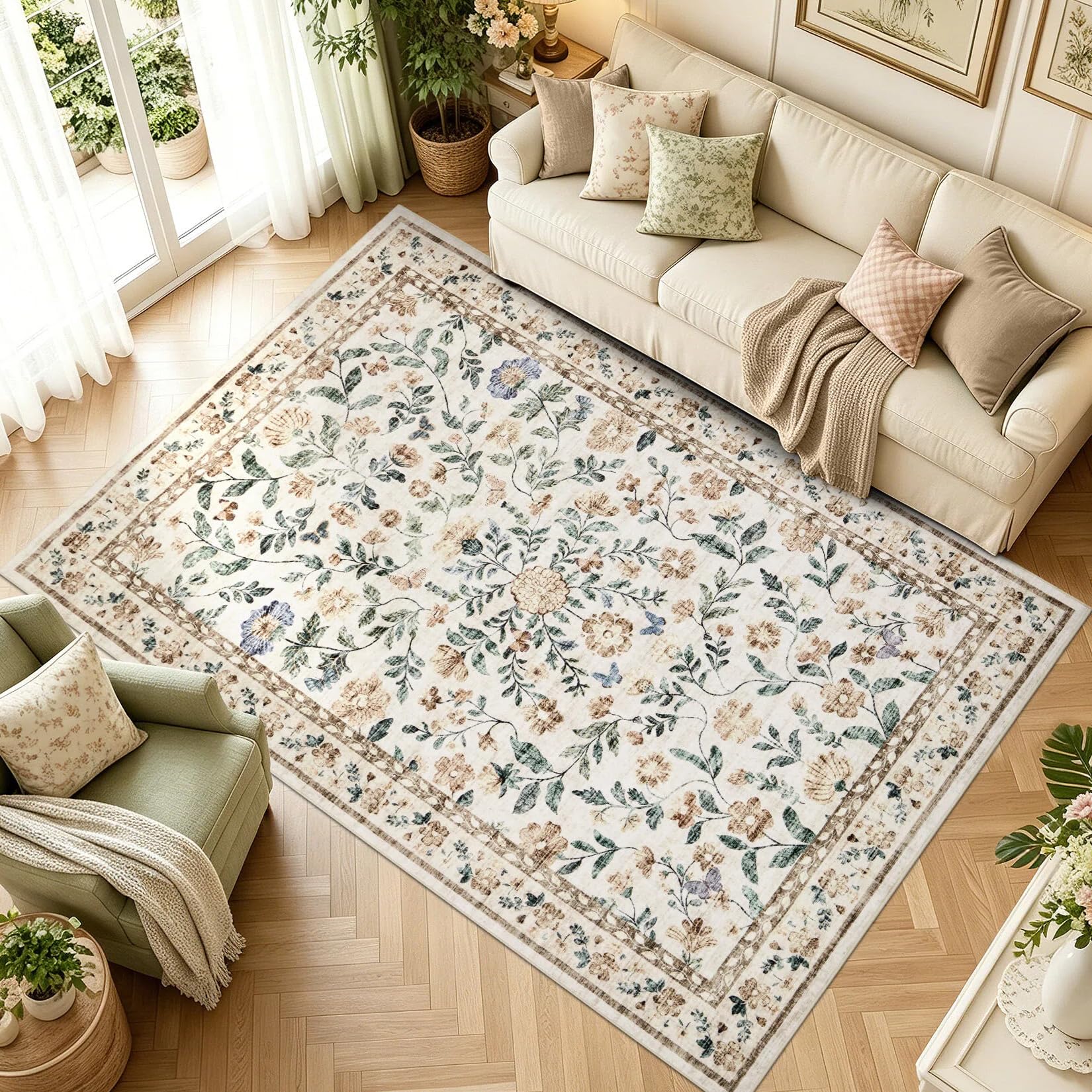 CAROMIO Floral Living Room Rug 160x230 cm Washable Low Pile Non-Slip Beige — image 1