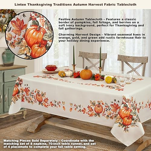Miniatura 2 de Mantel de Acción de Gracias Traditions con borde de cosecha de otoño, hojas de otoño y parche de calabaza, mantel de tela de fácil cuidado, 52 x 52