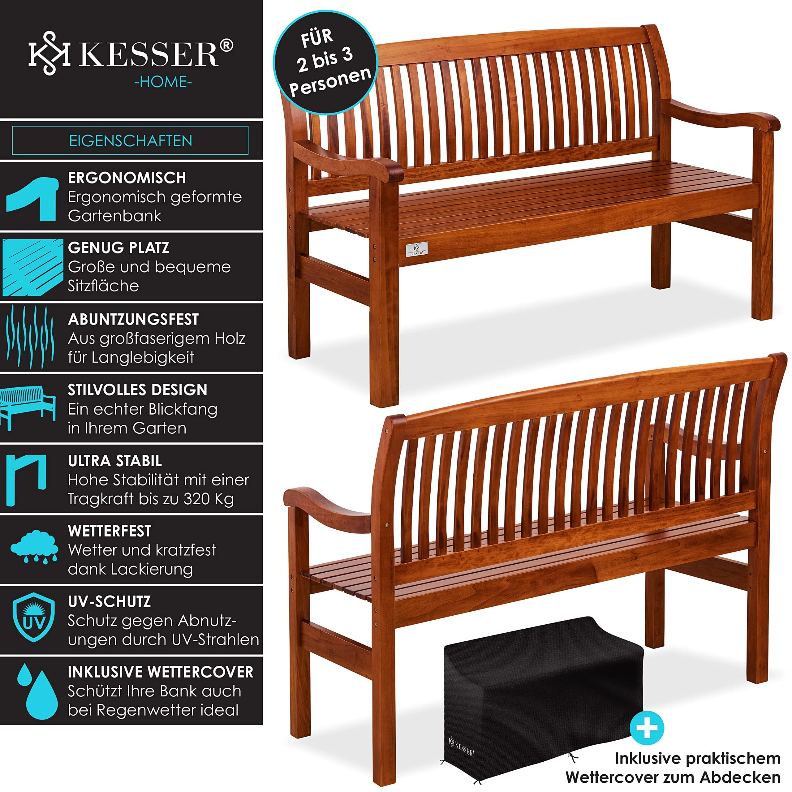 KESSER® Banco de jardín de madera resistente a la intemperie, 125 cm, banco de madera para jardín, 2 – 3 plazas, banco de exterior, banco de balcón de madera maciza, banco de parque, soporta 320 kg