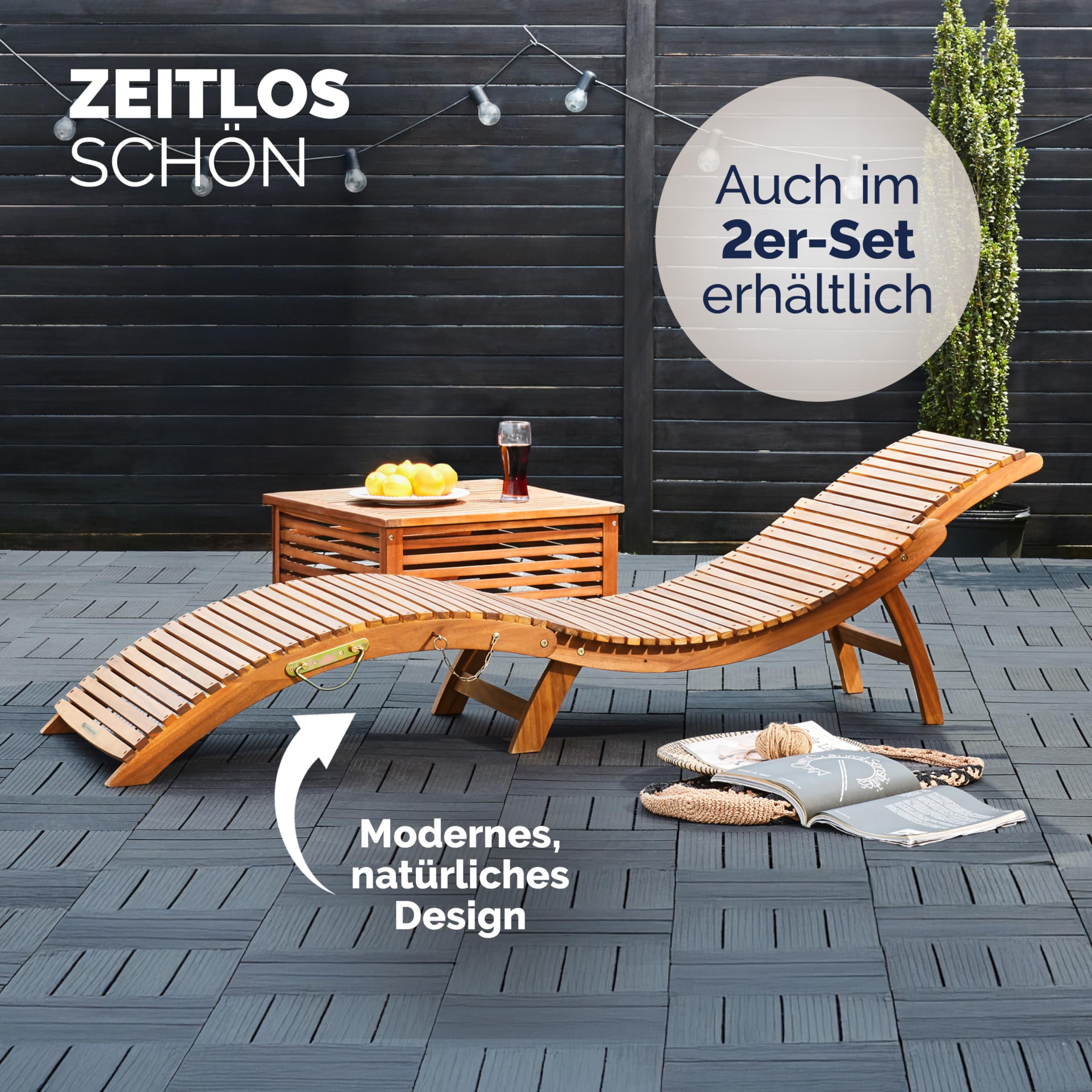 Casaria® Sonnenliege Klappbar Holz FSC®-Zertifiziert 320kg Belastbarkeit 190x60cm Tragegriff Kofferfunktion Garten Balkon Terrasse Gartenliege Klappliege Akazie