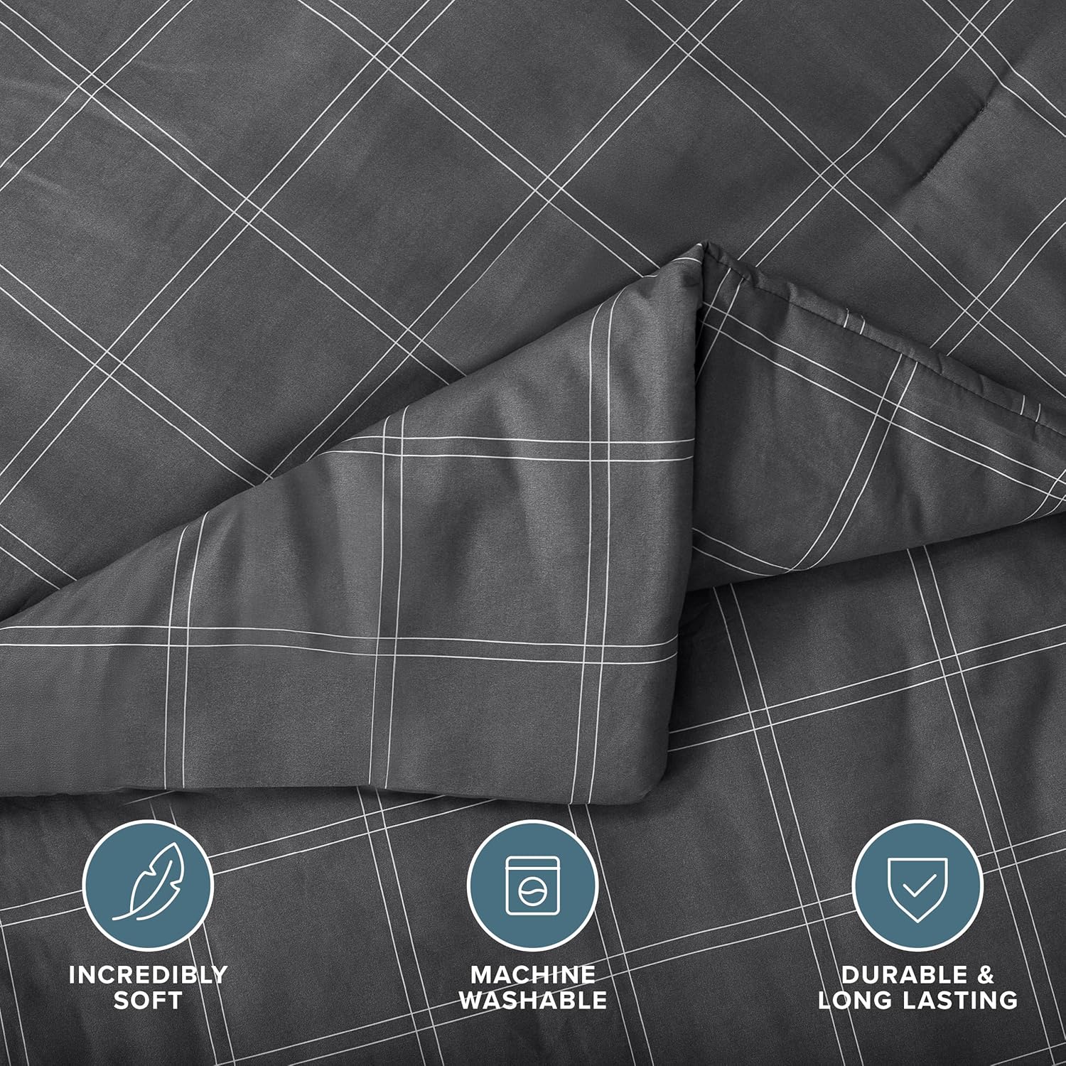 Bare Home Bedding Set 4 Piece Comforter & Sheet Set - Twin XL - Track Stitch - Goose Down Alternative - Ultra-Soft 1800 Premium Bed Set (Twin XL, Modern Plaid - Grey/White)
