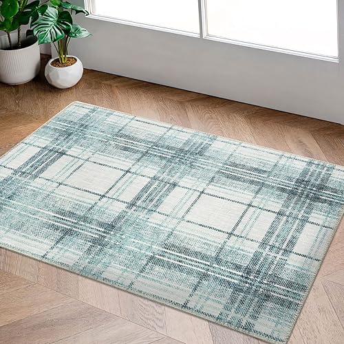 DECOMALL NELE - Tapete lavable de 2 x 3 pulgadas moderno a cuadros antideslizante para entrada color azul 24 x 36 pulgadas