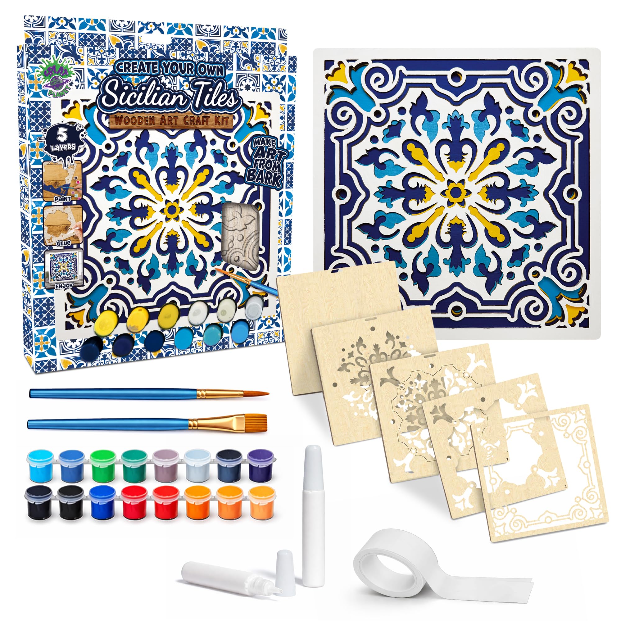 Sicilian Tile 3D Wooden Art Kit – Paint Your Own 3D Layered Wood Wall Art for Kids & Adults, DIY 3D Art Sicilian Tile Wood Painting Kit Wooden Art and Craft Gift Set, 25 x 25cm (10 x 10 inches)