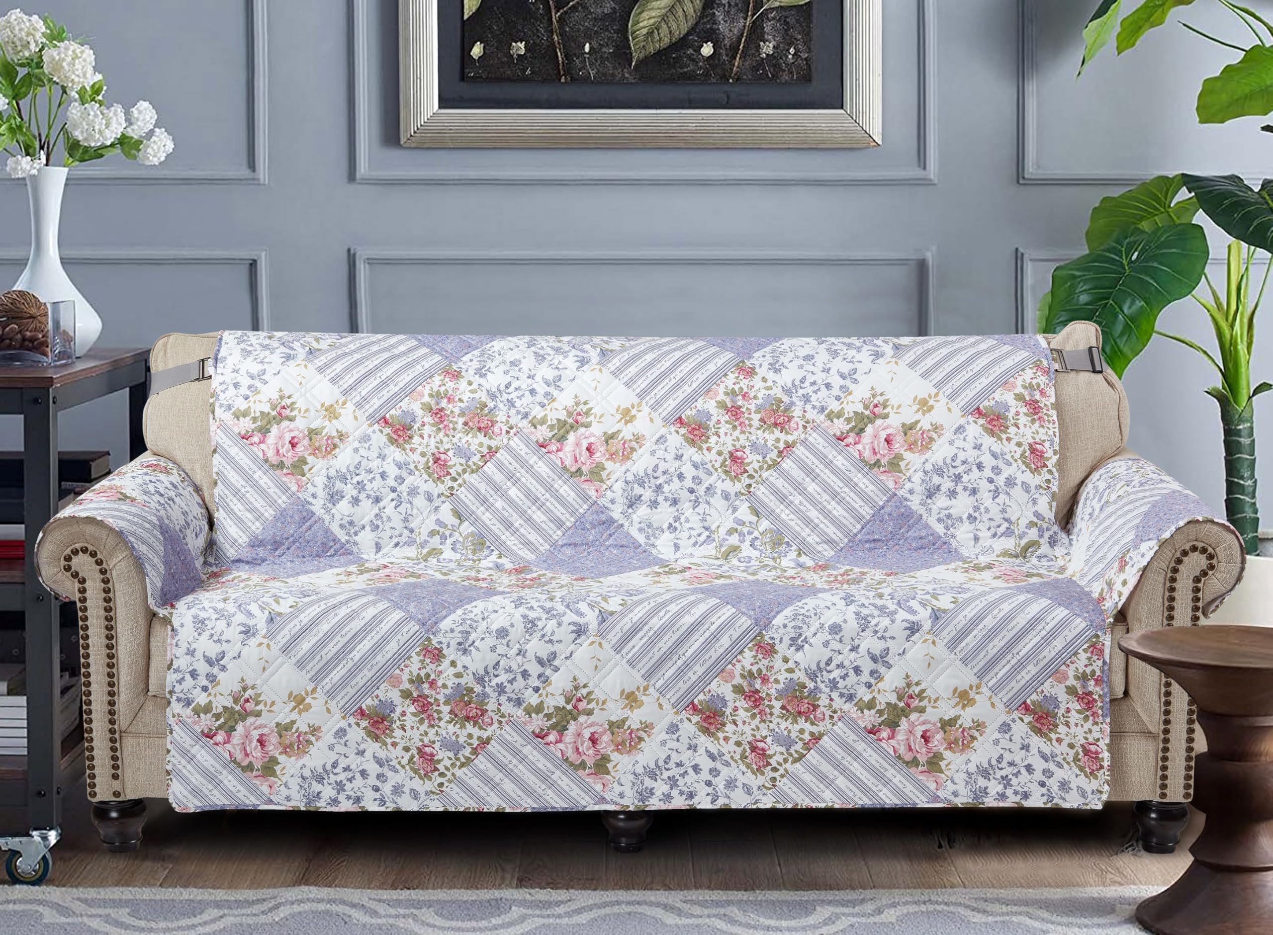 Brilliant Sunshine Rose Violet Patchwork Couch Cover, Quilted Large Sofa Slipcover, 70" Seat Width, Slip Resistant Furniture Protector, 2" Strap,