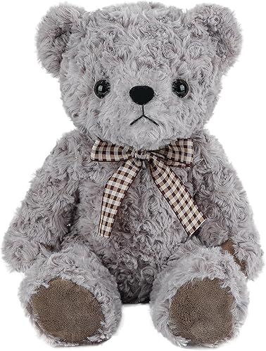 Oso de peluche clásico esponjoso con lazo de celosía vintage para niños, bebés, cumpleaños, hora de acostarse, 11.8 pulgadas, color gris