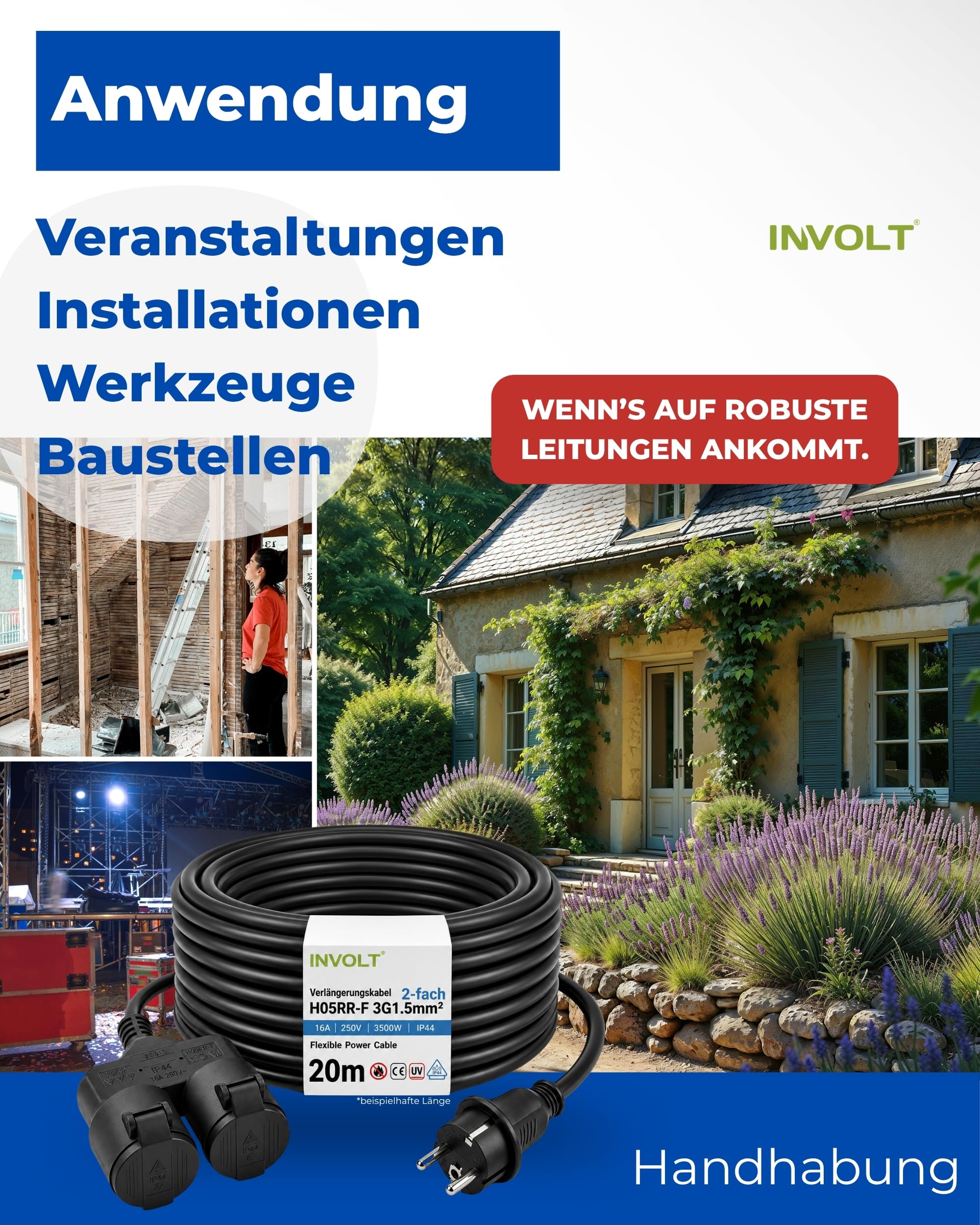 INVOLT 30m Verlängerungskabel mit 2 Schuko Steckdosen Außenbereich, IP44 H05RR-F 3G 1,5mm² schwarz Gummileitung für Garten Baustelle Werkstatt | Flexibel, Robust, IP44, Gummileitung für Garten Baustelle Werkstatt