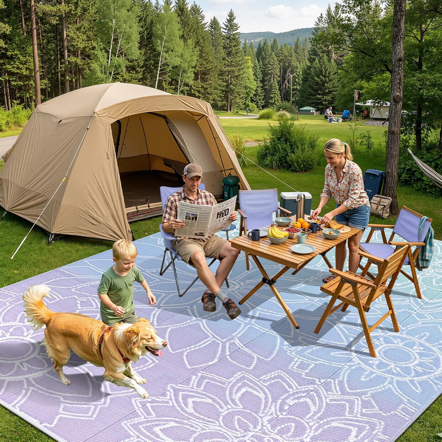 LOKHOM Outdoor Rug for Patio 5x8 ft Reversible Plastic Straw Patio Camping Rug, Floral Waterproof RV Mat for Camper Indoor Outdoor Carpet for Deck Porch Picnic Beach Balcony Backyard, Blue-Purple