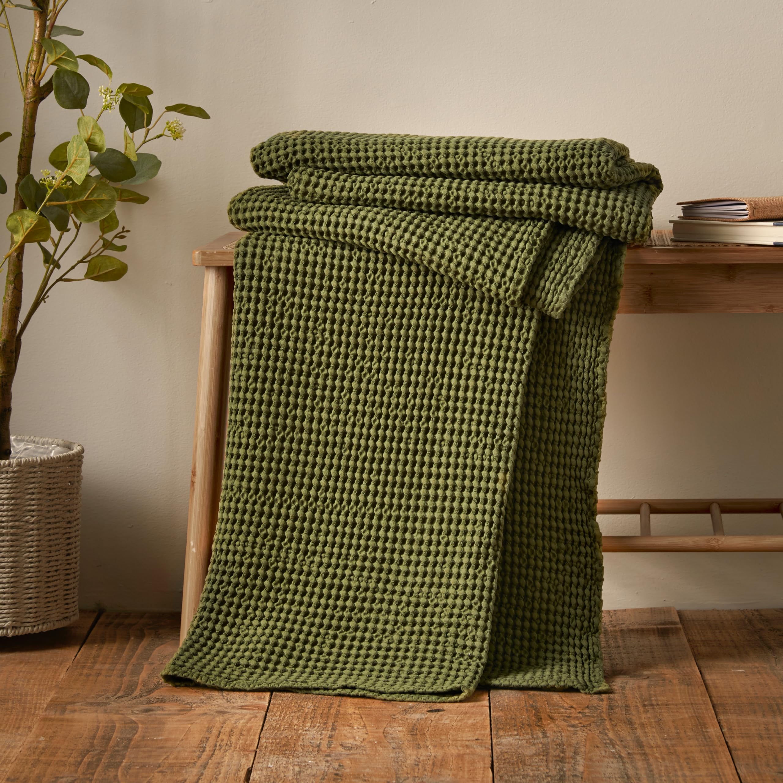 Pineapple Elephant  Jaipur Chunky Waffle Cotton Blanket Throw - Olive Green - 150x200cm