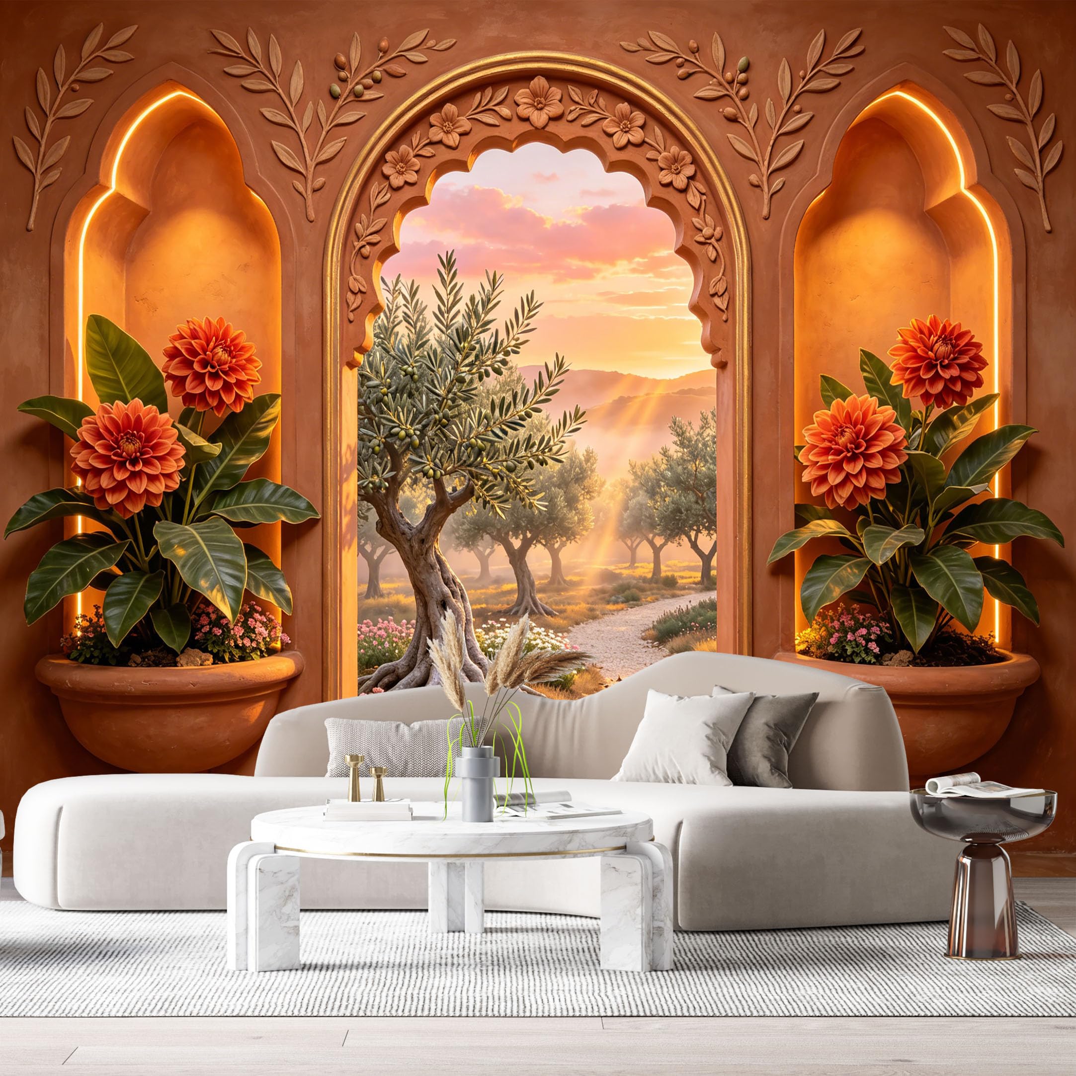 Custom Size Wall Murals Mediterranean Archway Botanical Garden Sunset Landscape Textured 3D SelfAdhesive Wall Fabric Removable Large Wallpaper for Photo Living Room