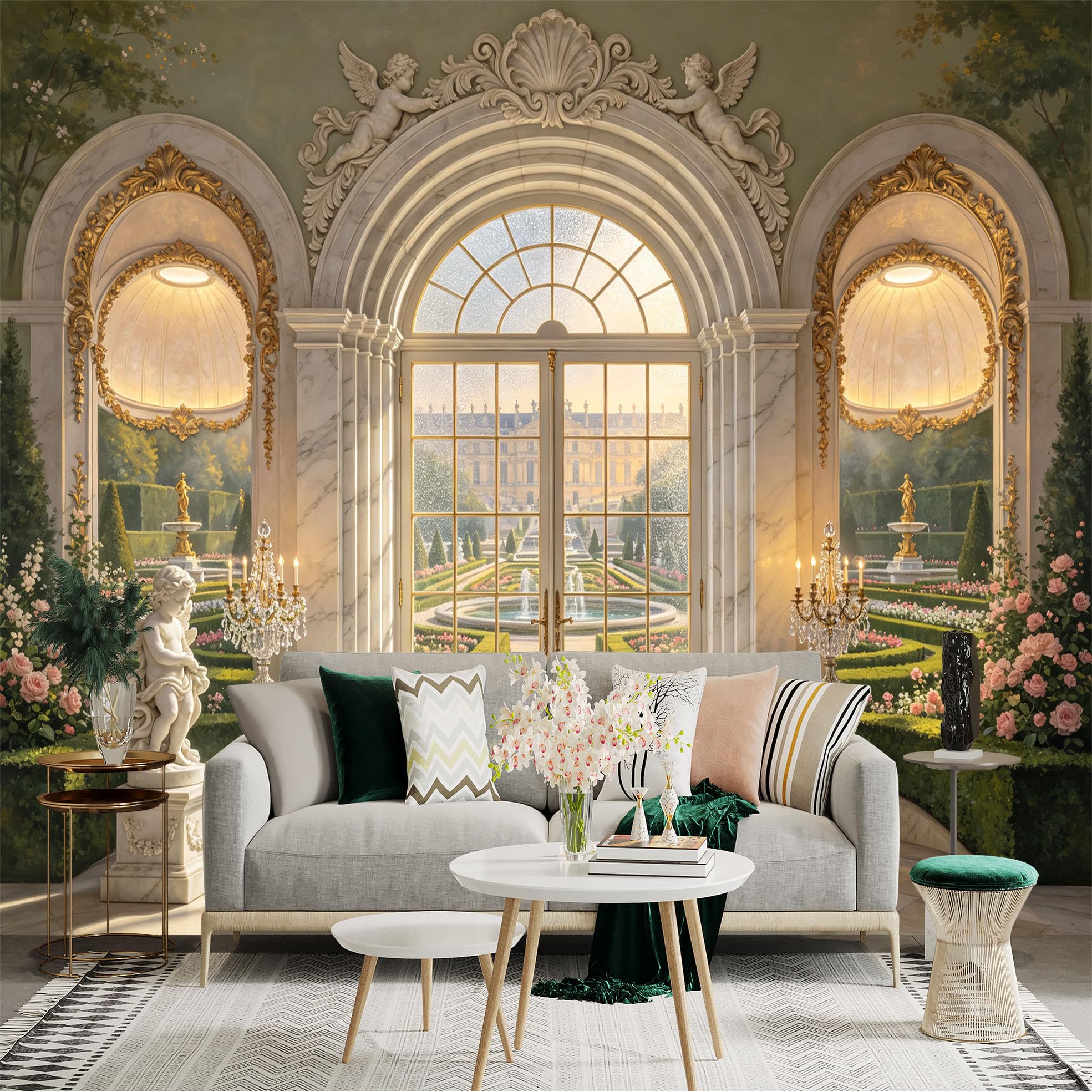 Custom Size Wall Sticker Mural， Luxury Palace Archway with Garden Courtyard and Marble Columns， for wall Decoration， peelandstick wall Decals.