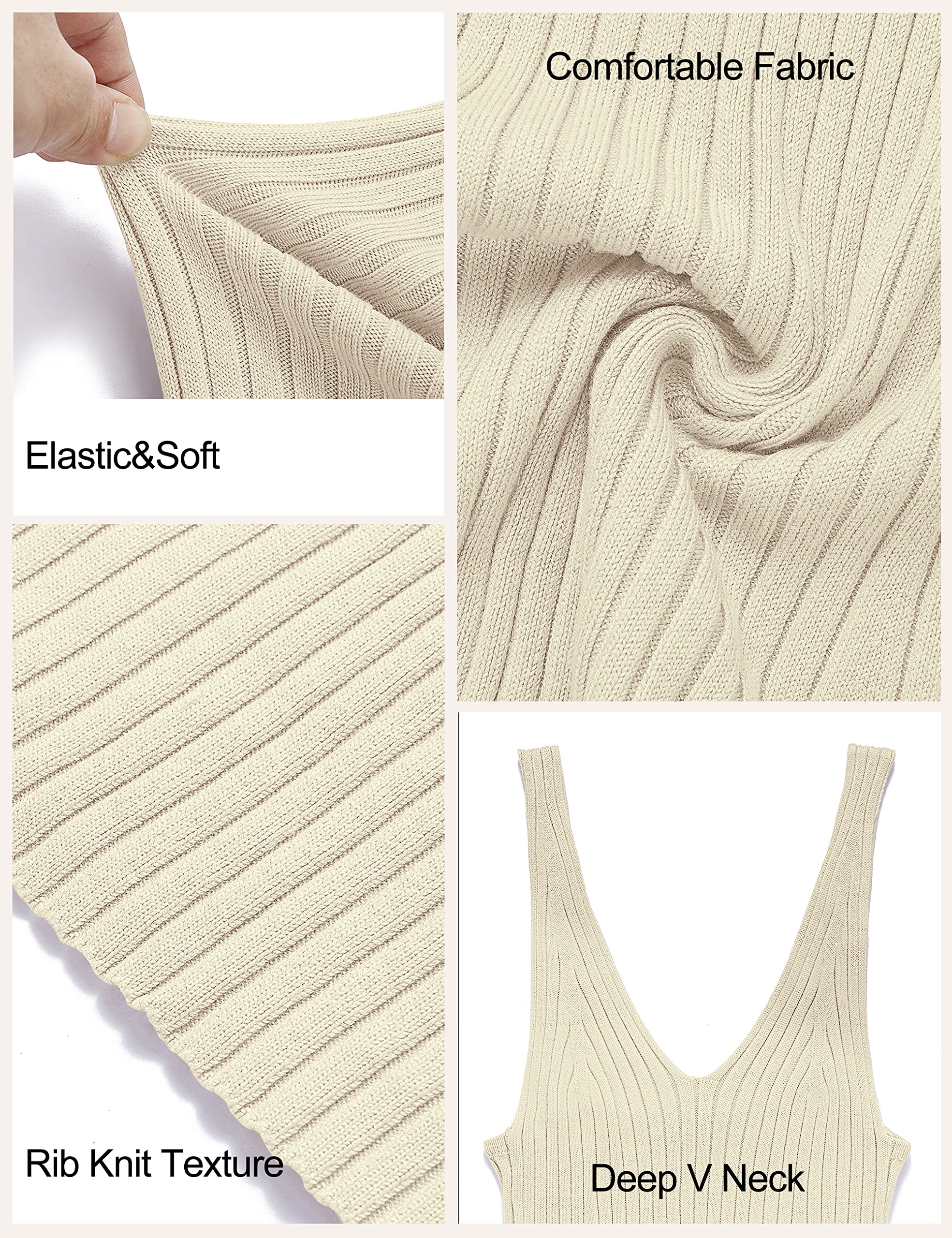MEROKEETY Midi-Kleider für Damen für Sommer und Frühling, figurbetonte Strandkleider, lässige, ärmellose Strickkleider mit V-Ausschnitt und Rippstrick