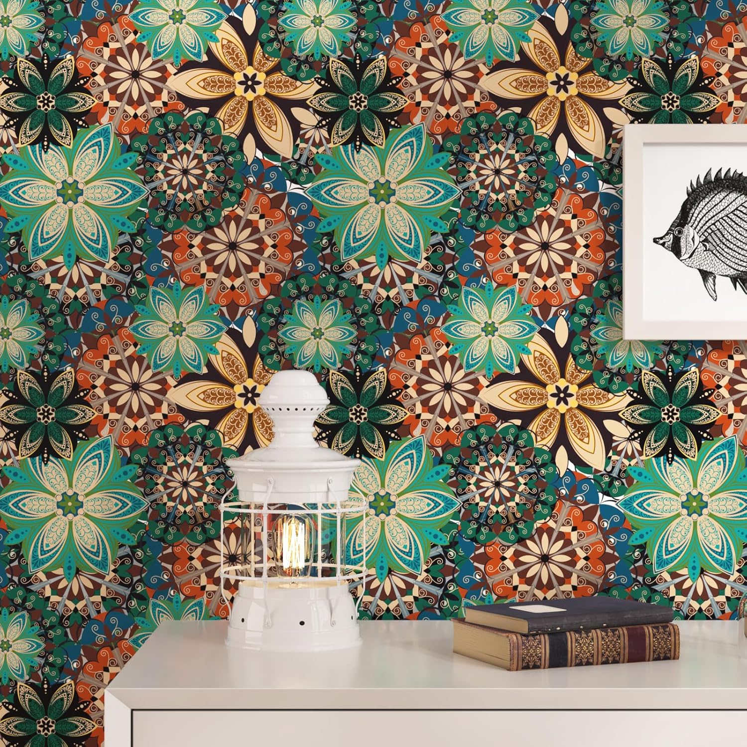 Wallercity Green/Blue Boho Wallpaper Peel and Stick Vintage Floral Contact Paper for Kitchen Bathroom Retro Botanical Leaves Wall Paper Self Adhesive Waterproof for Walls Shelf Cabinets 17.5''x315''
