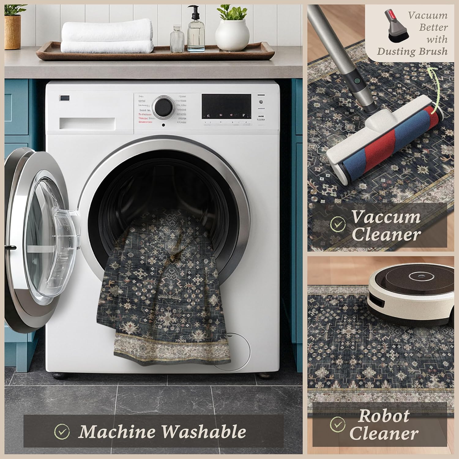 Black Kitchen Rugs Set of 3, Non-Slip Washable Kitchen Floor Mats, Low-Pile Runner Rug for Sink, Entryway, Bathroom, Laundry Room, Bedroom, Vintage Farmhouse Design - Image 4