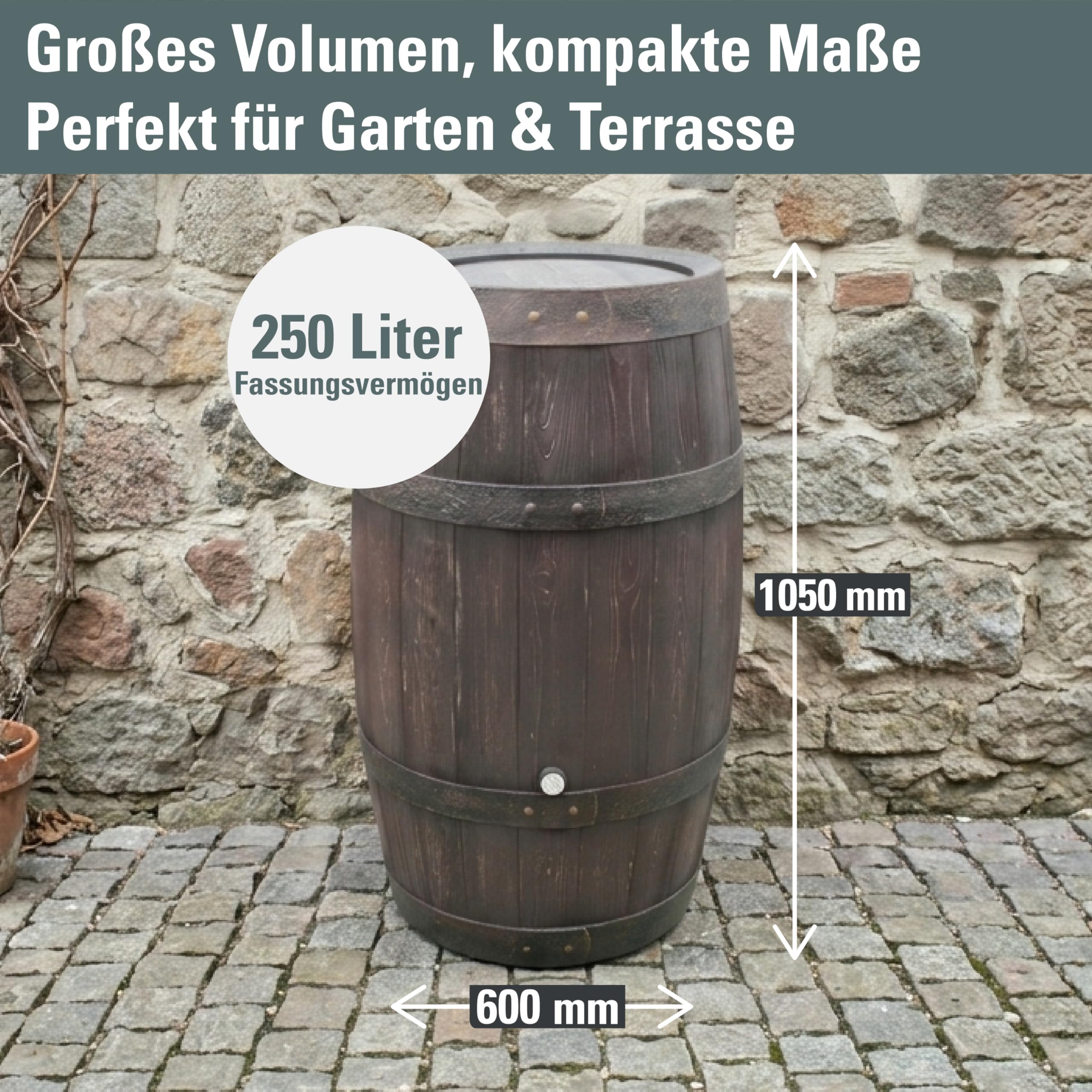 Prosperplast Regentonne rund Regenwassertank Barrique 250 Liter in braun UV- und witterungsbeständigem Material Regenfass Regenwassertonne mit kindersicherem Deckel und Messinggewinde