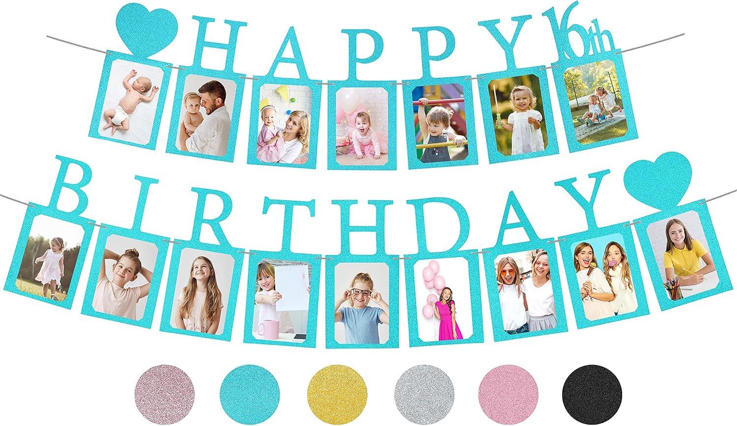Sweet 16 Birthday Decorations Photo Banner in Black Pre-assembled - Sweet 16 Banner WITH Sixteen Photo Card Frames Party Supplies - Happy 16th birthday decorations for girls with 16 Signs