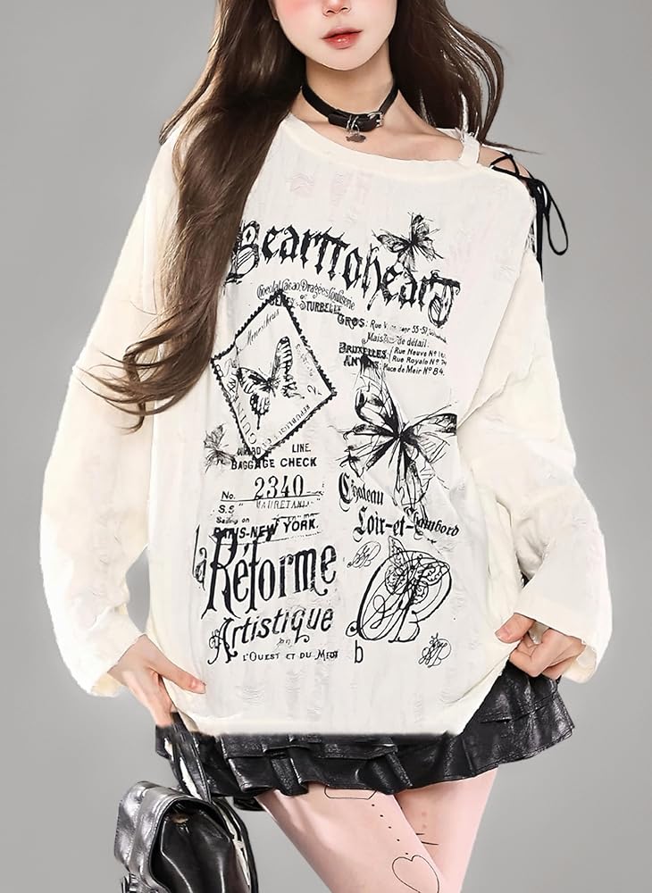Amazon | [WANSHIX] 地雷系Tシャツ 肩出し ダメージ
