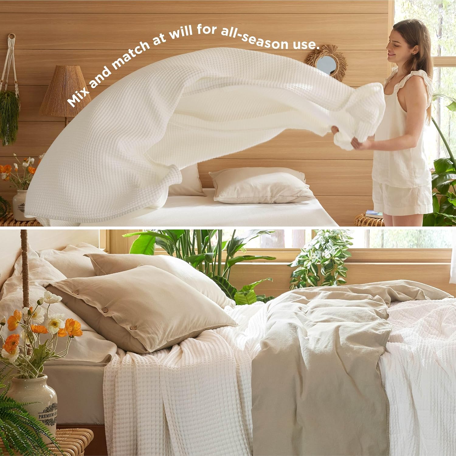 Bedsure 100% Cotton Blanket Queen Size for Summer, Ultra Soft Waffle Weave Queen Blanket for Bed, Lightweight Thin Woven Breathable Bedding Gifts for Women, Men, Kids, Ivory, 90" x 90"