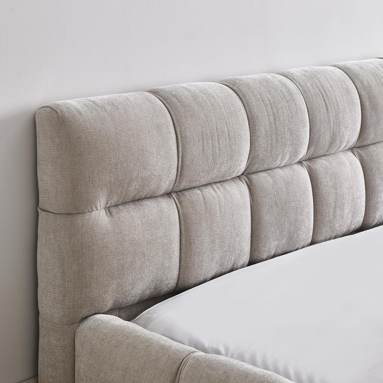 Beige Chenille Upholstered Queen Platform Bed with Soft Headboard