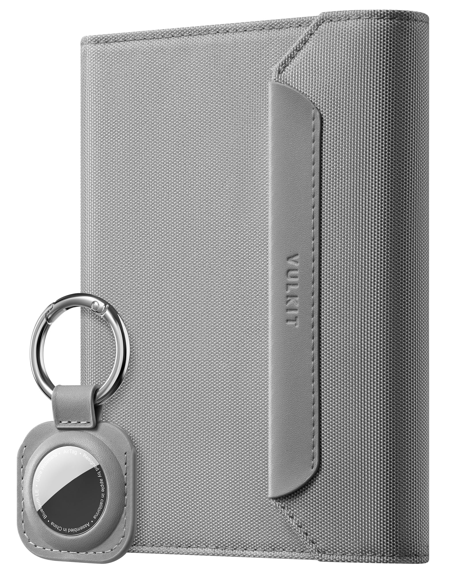 VULKIT Passport Wallet with Detachable AirTag Holder, Vegan Leather Passport Holder, RFID Blocking, Travel Essential, Magnetic Closure, Grey