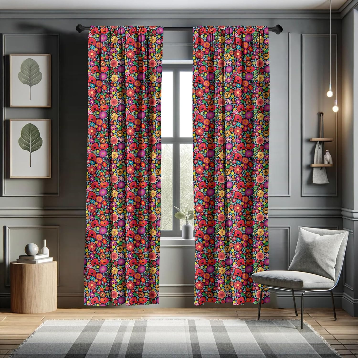 Ambesonne Floral Curtains, Summer Warm Tone Asters Poppy Flowers Chrysanthemums Composition Garden Art, Window Treatments 2 Panel Set for Living Room Bedroom, Pair of - 28" x 95", Magenta Red